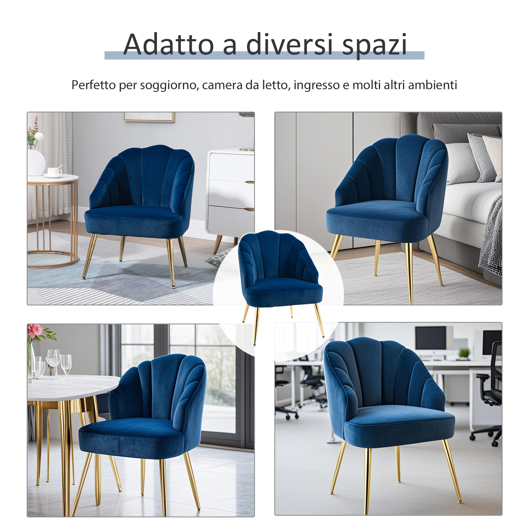 Sedia In Velluto Con Gambe Metalliche Dorate – Poltrona Imbottita Per Soggiorno, Camera Da Letto, Scrivania, Blu, Design Salvaspazio