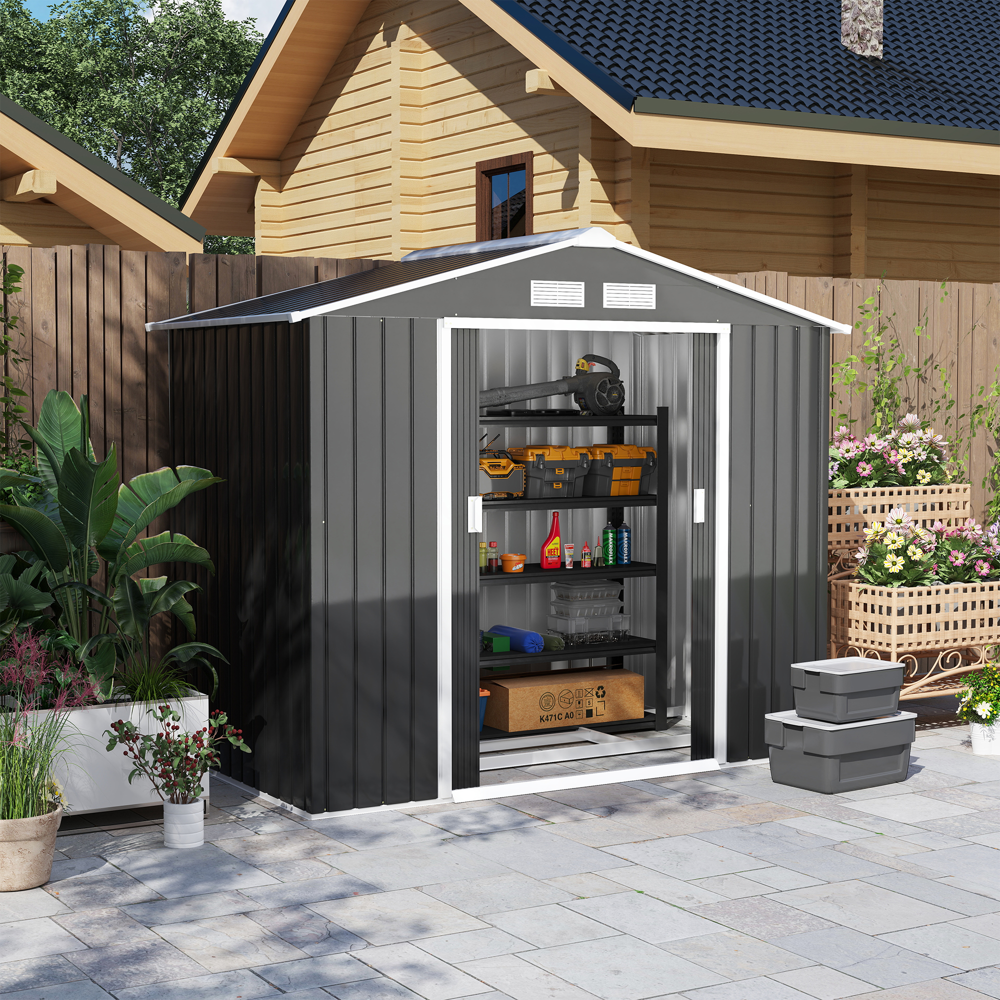 Outsunny 7 x 4ft Weatherproof Shed, Outdoor Bike Storage Shed with Ventilation Slots, Foundation Kit and Lockable Double Doors, Dark Grey 2