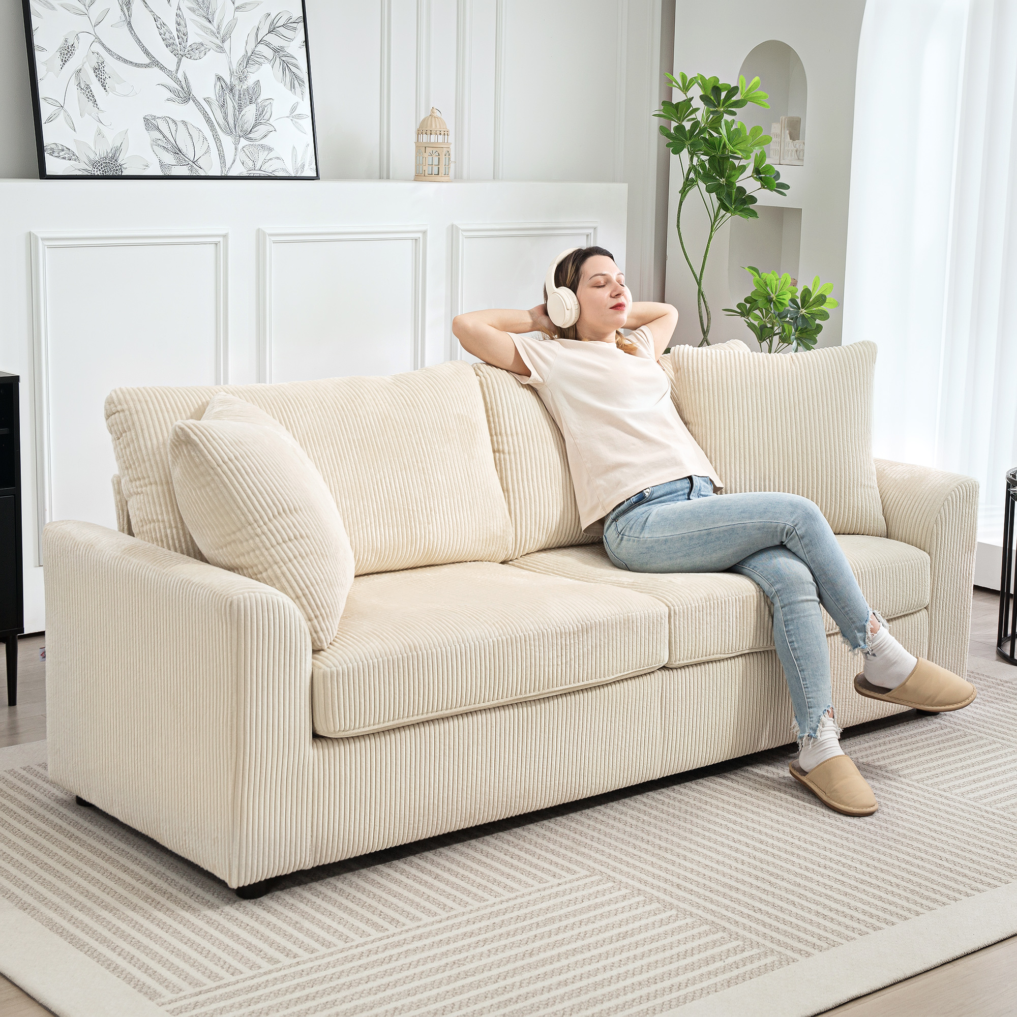HOMCOM Modern 3 Seater Sofa with Spring Cushion, 212 cm Fabric Jumbo Cord Sofa Couch with 2 Scatter Cushions, Upholstered Corduroy Settee for Living Room, Bedroom, Home Office, Cream White 7