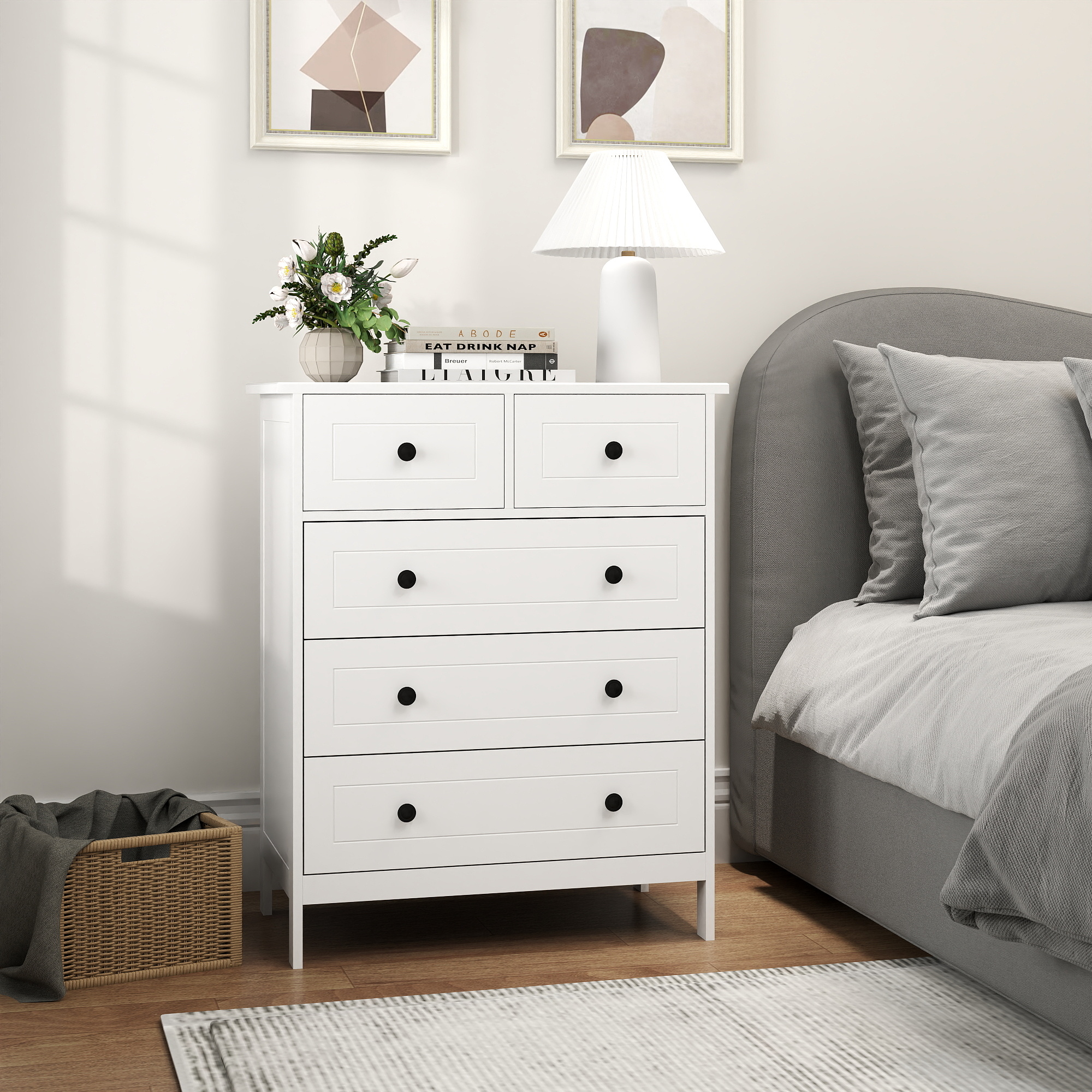  Comoda cu 5 Sertare cu Manere, Alb [1]