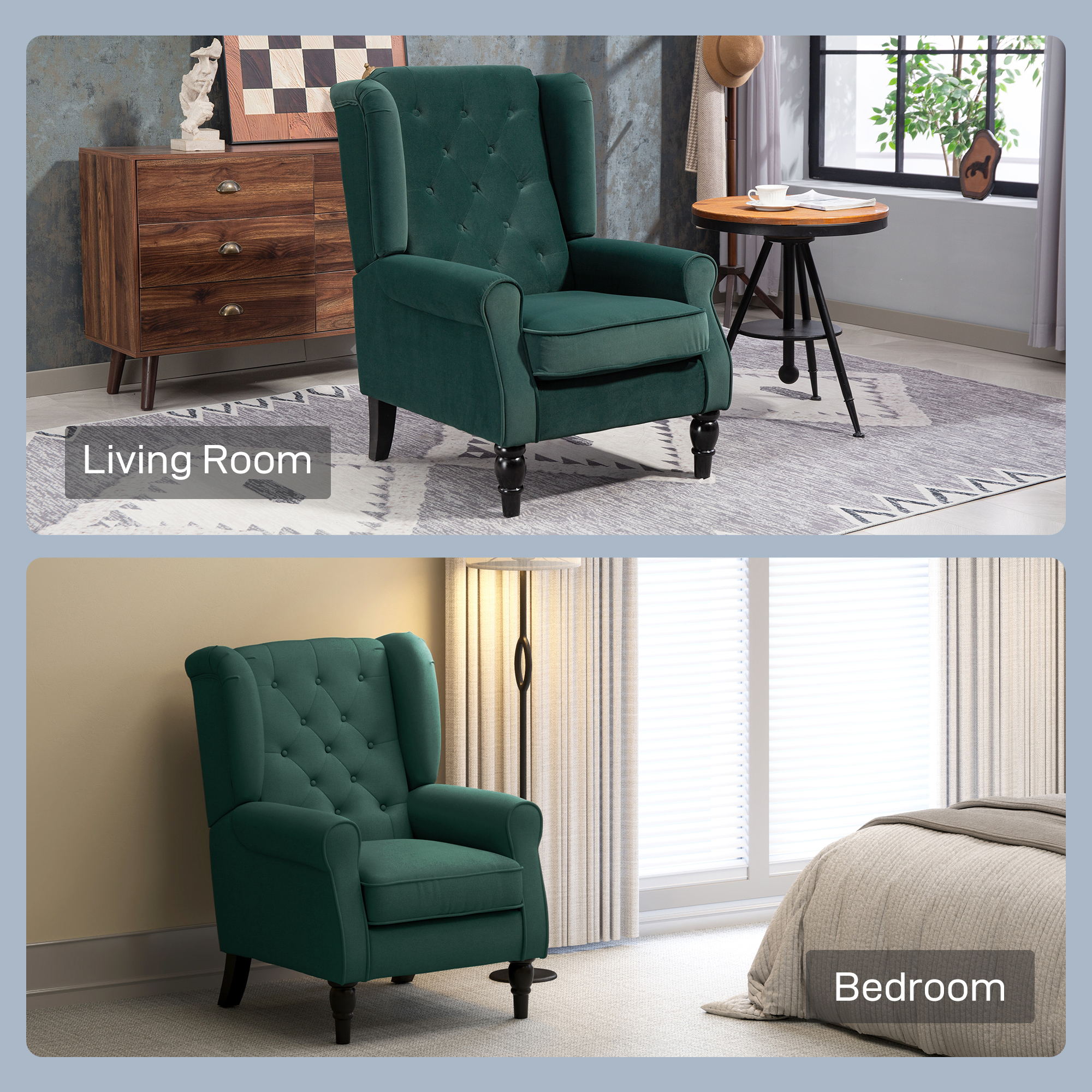 HOMCOM Wingback Accent Chair, Retro Upholstered Button Tufted Occasional Chair for Living Room and Bedroom, Green 8