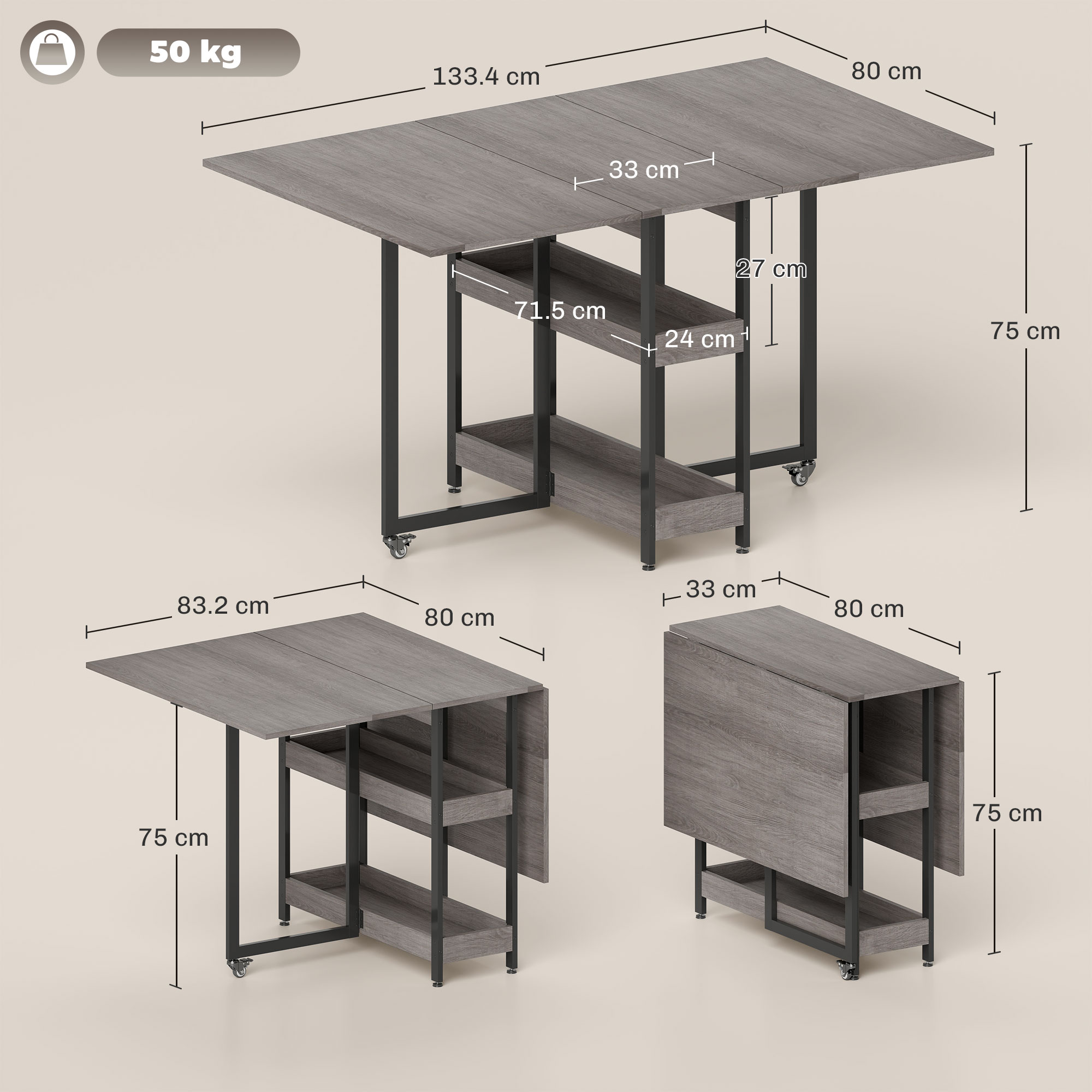 HOMCOM Four-Person Drop Leaf Table Grey Wood-Effect 3