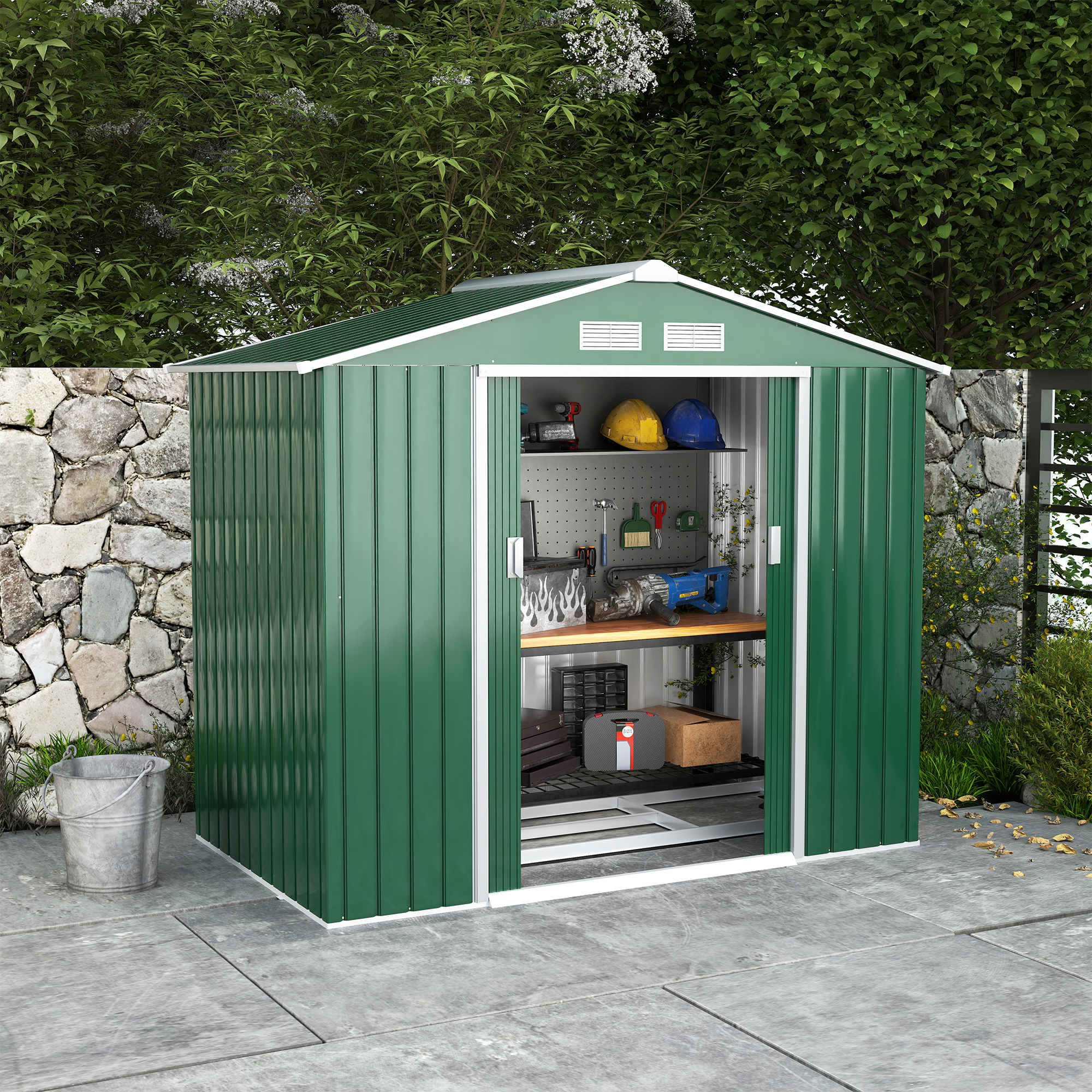 Outsunny 7 x 4ft Metal Garden Shed, Outdoor Storage Tool House with Ventilation Slots, Foundation Kit and Lockable Double Doors, Green 2