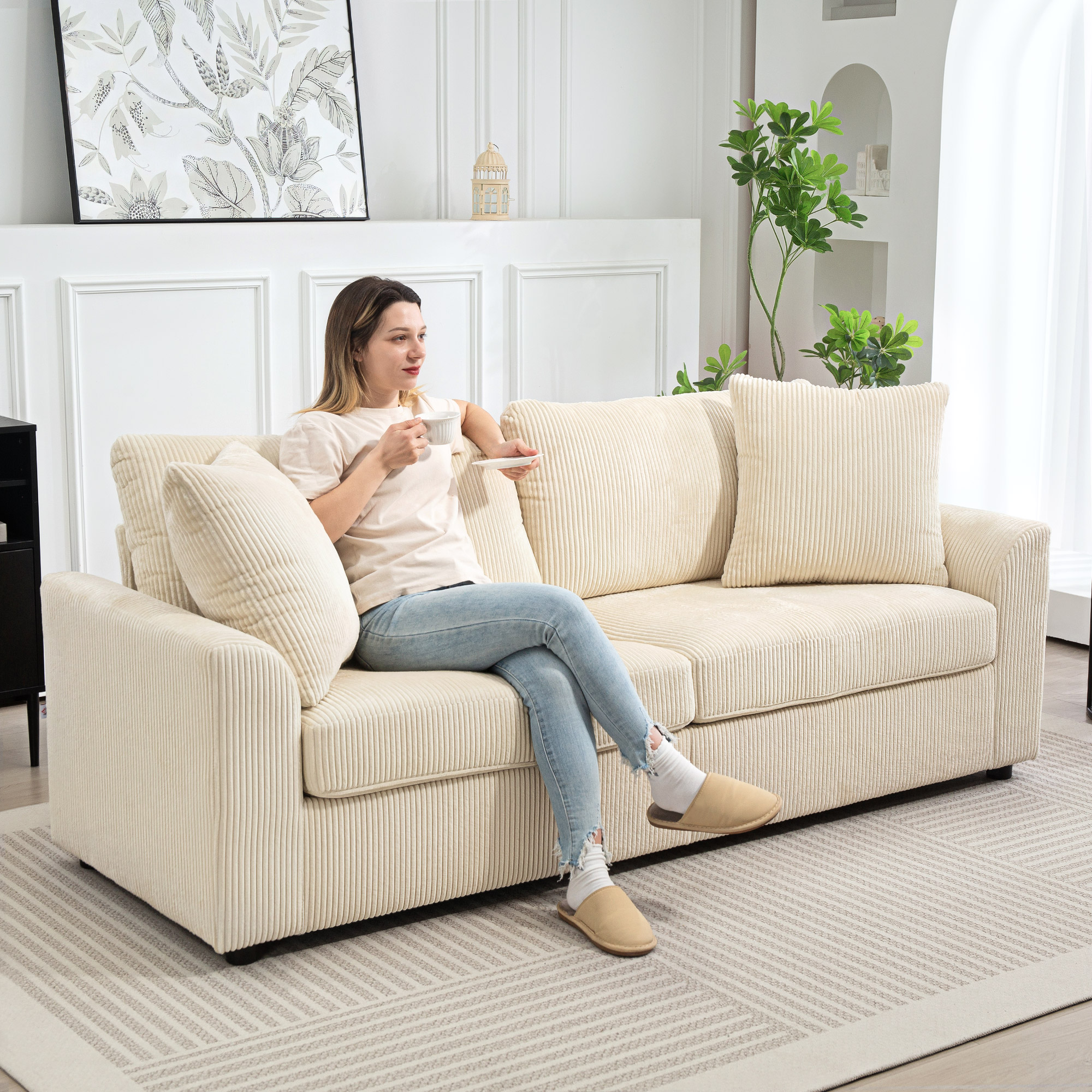 HOMCOM Modern 3 Seater Sofa with Spring Cushion, 212 cm Fabric Jumbo Cord Sofa Couch with 2 Scatter Cushions, Upholstered Corduroy Settee for Living Room, Bedroom, Home Office, Cream White 2