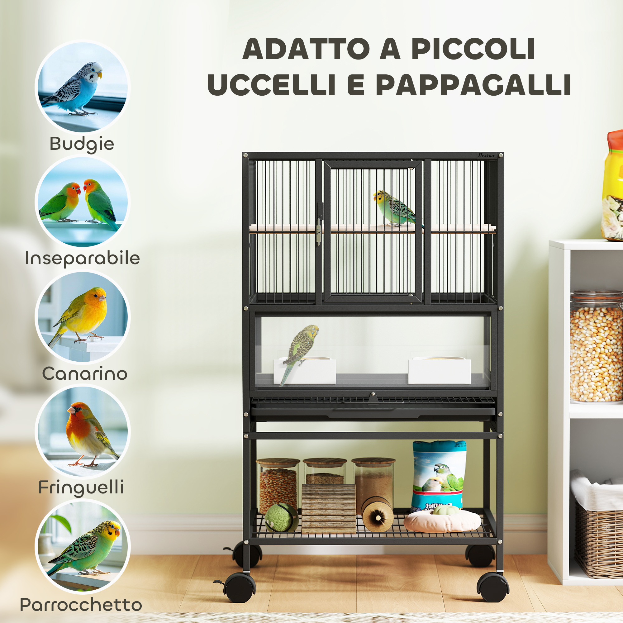 PawHut Gabbia Per Uccelli In Acciaio Con Posatoi, Vassoio Rimovibile E Maniglia, 42x32x37 Cm, Nero|Aosom
