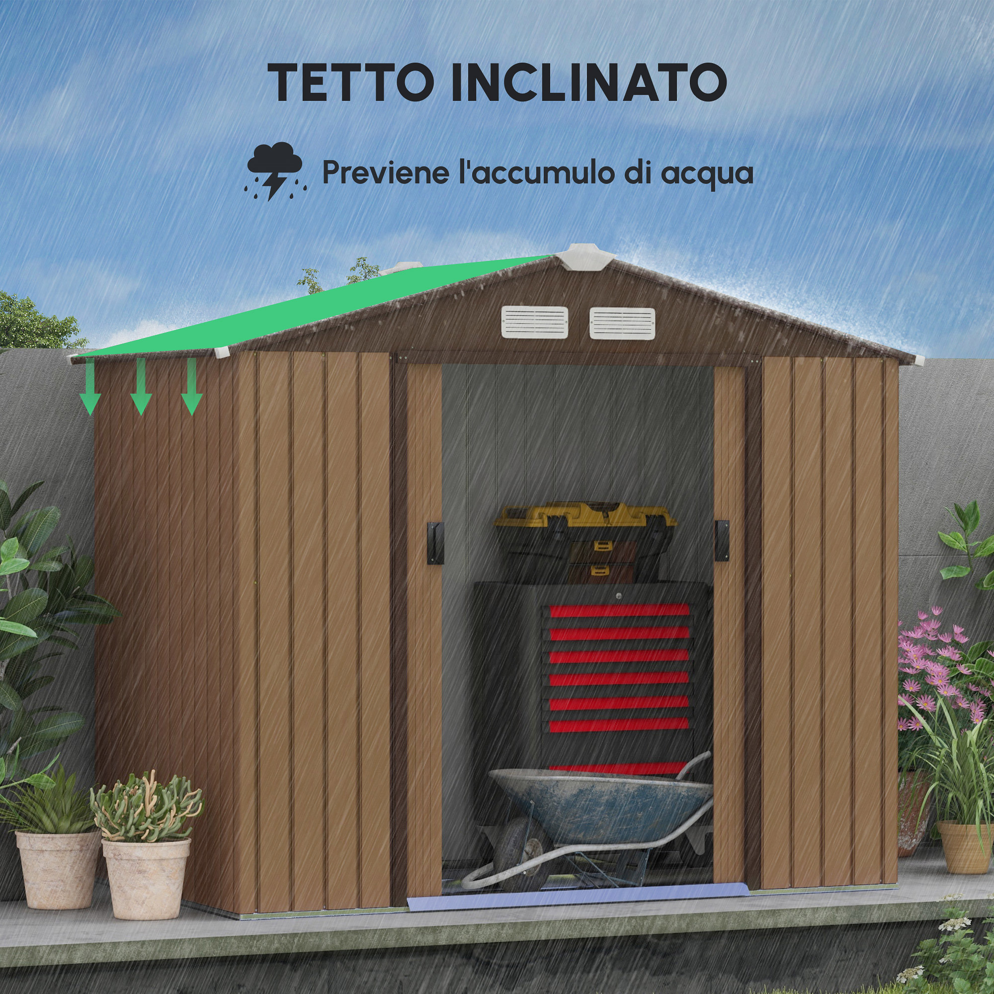 Casetta Da Giardino Outsunny 8.9 M&sup2; In Lamiera - Capanno Attrezzi Con 2 Prese Aria E Porte Bloccabili, Nero