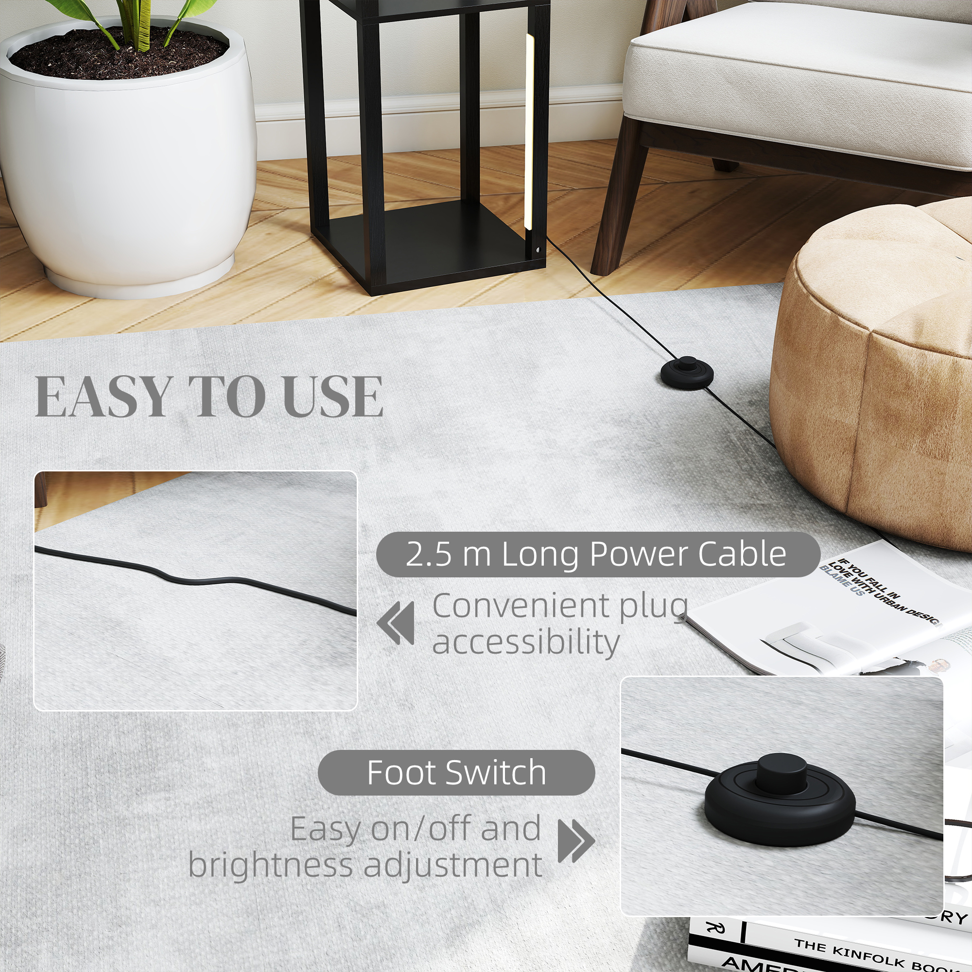 HOMCOM LED Floor Lamp with Shelves, Modern Dimmable Standing Lamp with 3 Brightness Levels and Foot Switch for Living Room, Bedroom, Office, Black 7