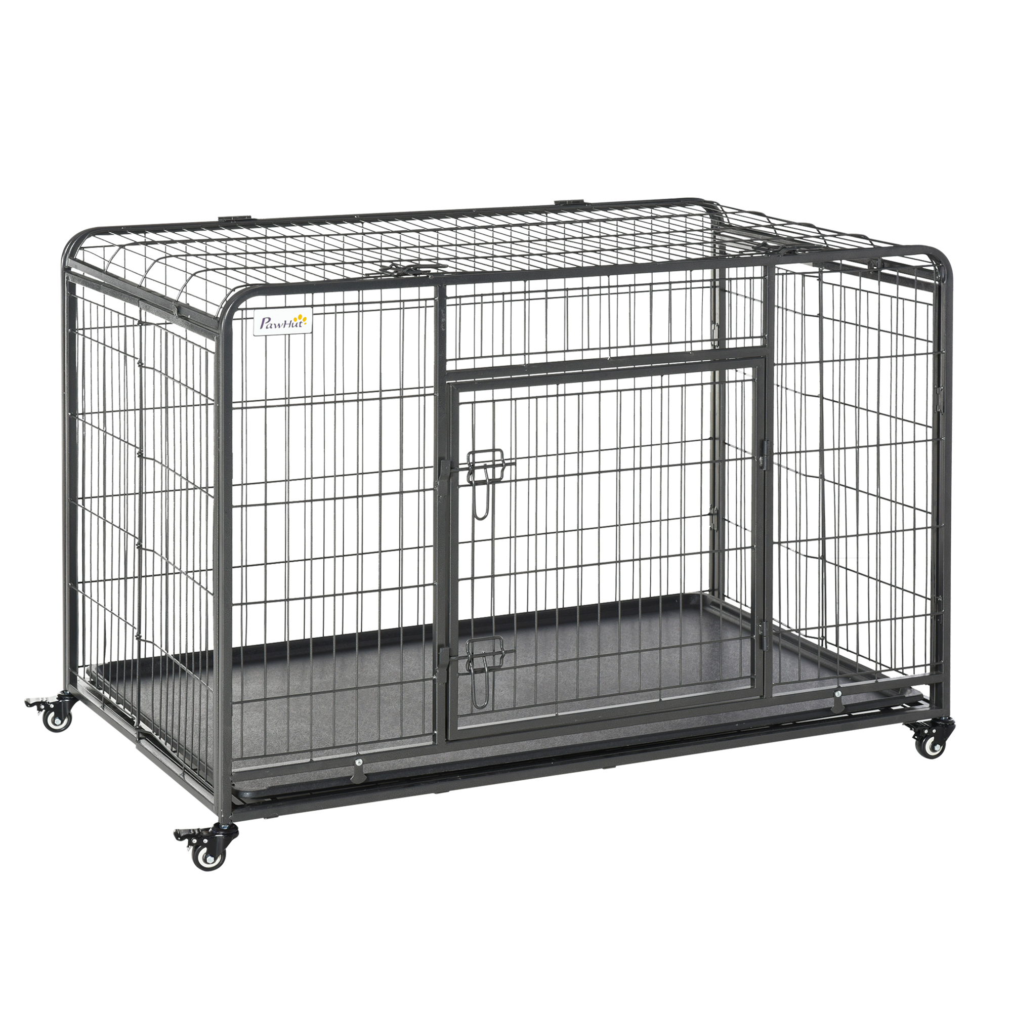PawHut Jaula de Metal para Perros Grande Plegable con Ruedas Frenos Bandeja Extraíble Puerta con Pestillos Ideal Labrador 125x76x81 cm | Aosom España