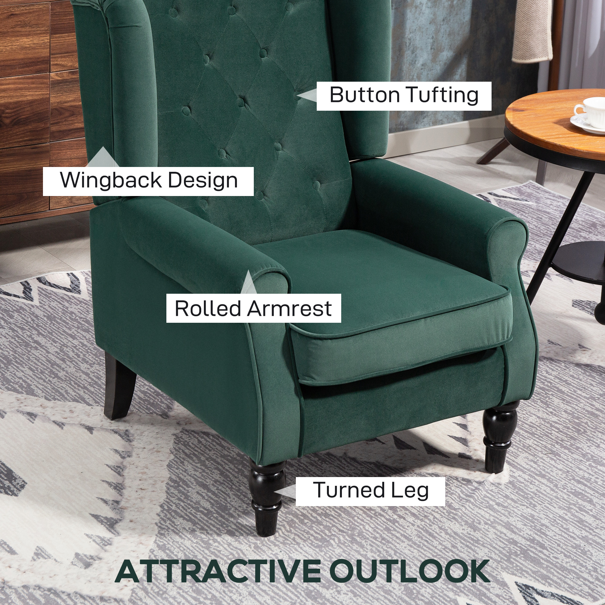 HOMCOM Wingback Accent Chair, Retro Upholstered Button Tufted Occasional Chair for Living Room and Bedroom, Green 4