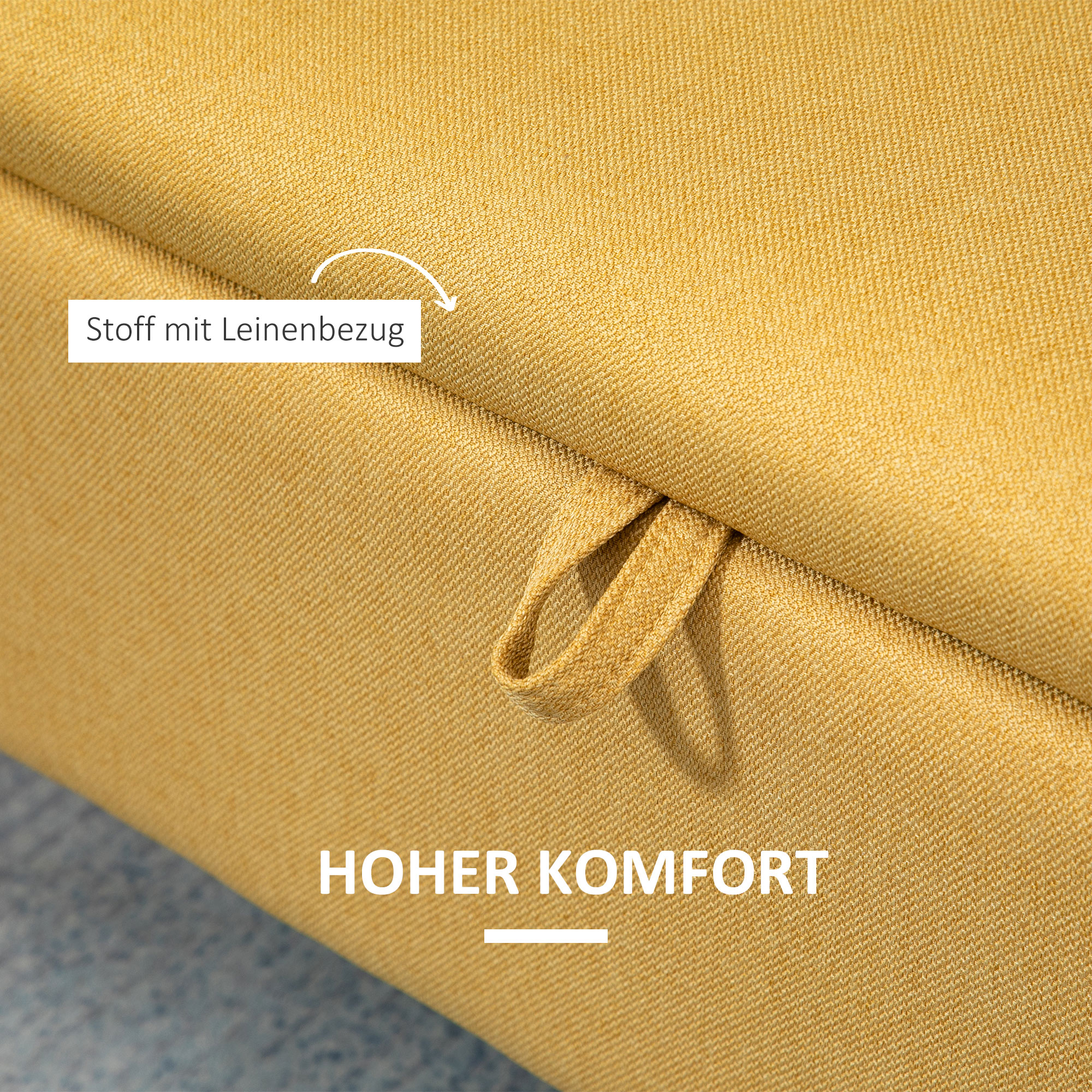 Pink, hoiupink, polsterdatud pink, linase välimusega, kuni 150 kg, 101 x 38,5 x 44,5 cm, kollane