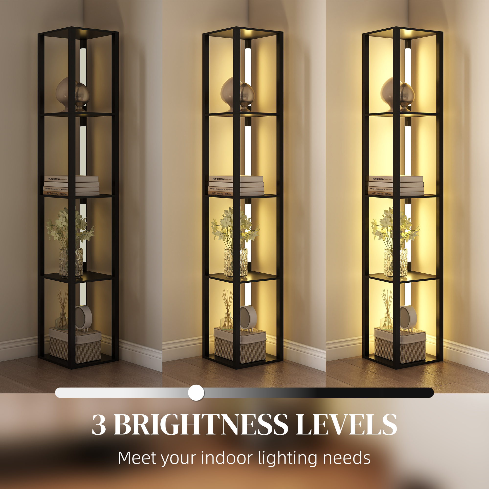 HOMCOM LED Floor Lamp with Shelves, Modern Dimmable Standing Lamp with 3 Brightness Levels and Foot Switch for Living Room, Bedroom, Office, Black 5