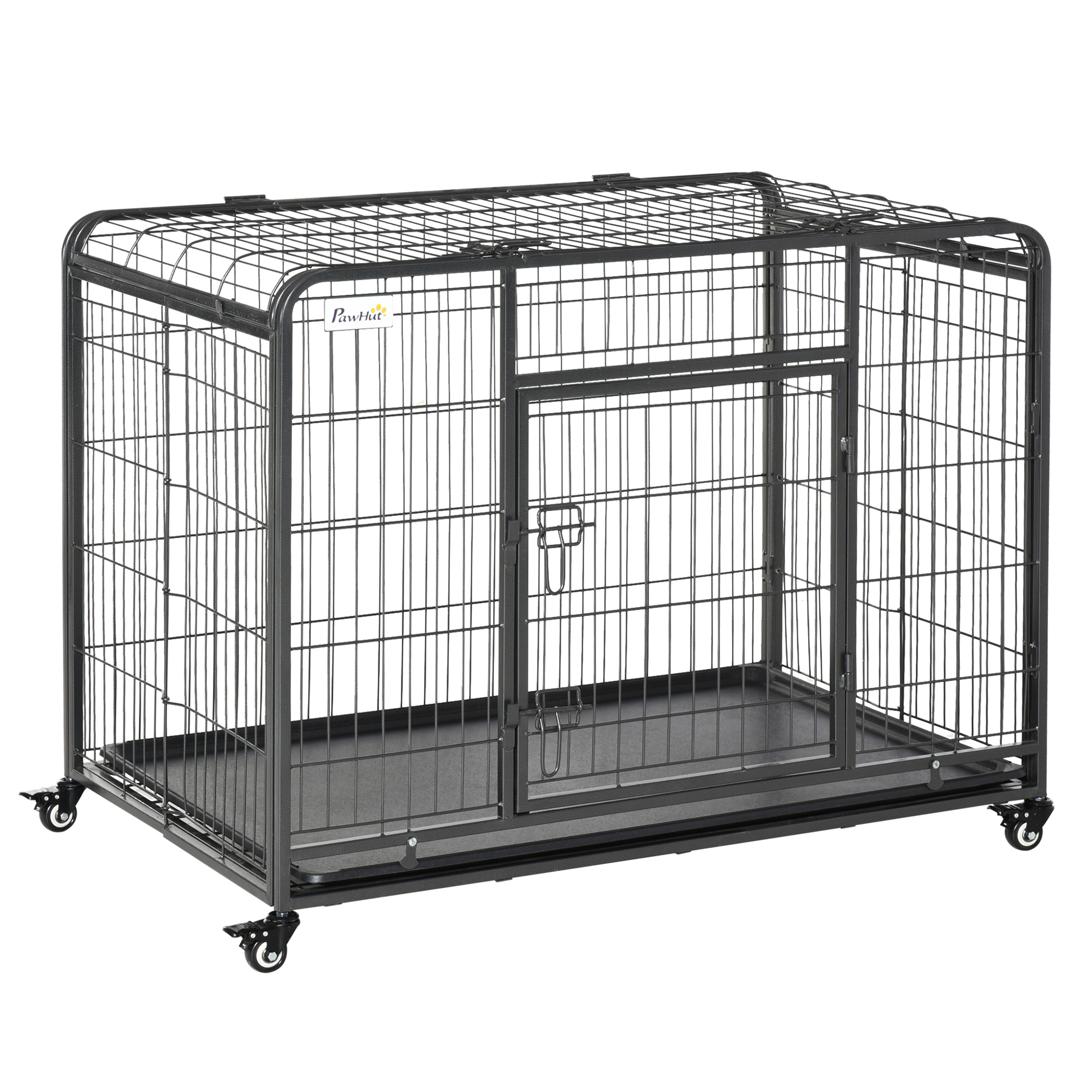PawHut Jaula de Metal para Perros Plegable con Ruedas y Frenos Bandeja Extraíble y Puerta con Pestillos para Labrador 109,5x71x78 cm | Aosom España
