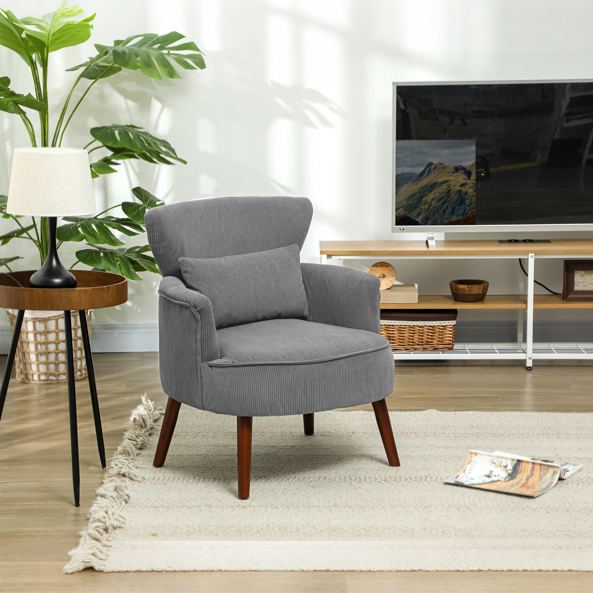 HOMCOM Corduroy Retro Accent Chair Light Grey 2