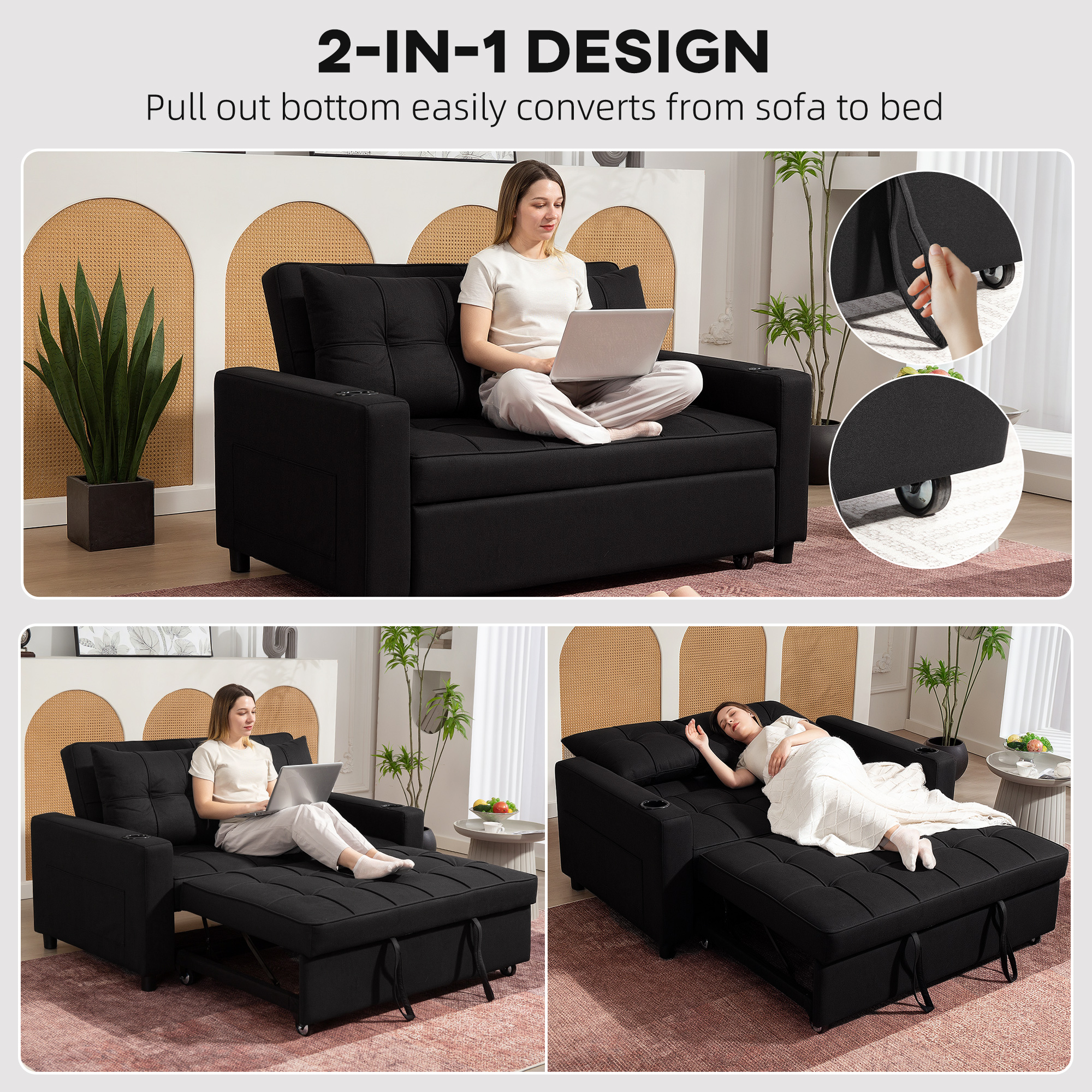 HOMCOM Two-Seater Pull-Out Sofa Bed Black 4