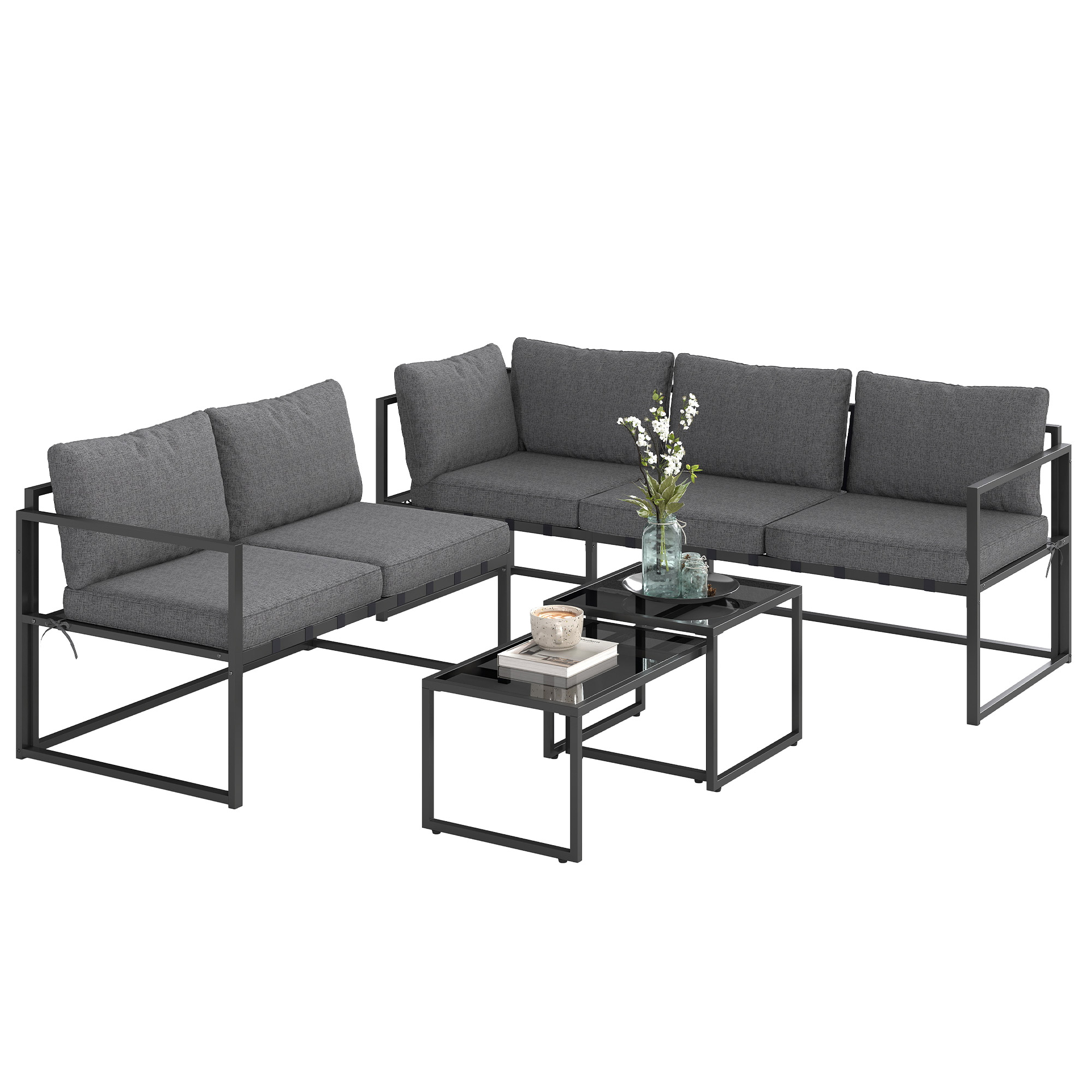 Outsunny Salon de jardin extérieur d'angle 4 pièces avec 2 canapés et 2 tables basses gigognes en verre trempé, gris