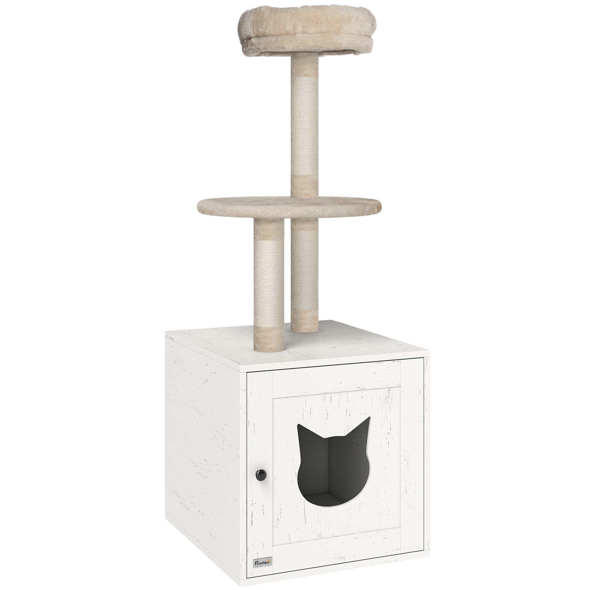 PawHut Arbre à chat avec maison de toilettes, tour de jeu 2-en-1 de 129 cm avec cache-litière, poteaux à griffer, crème