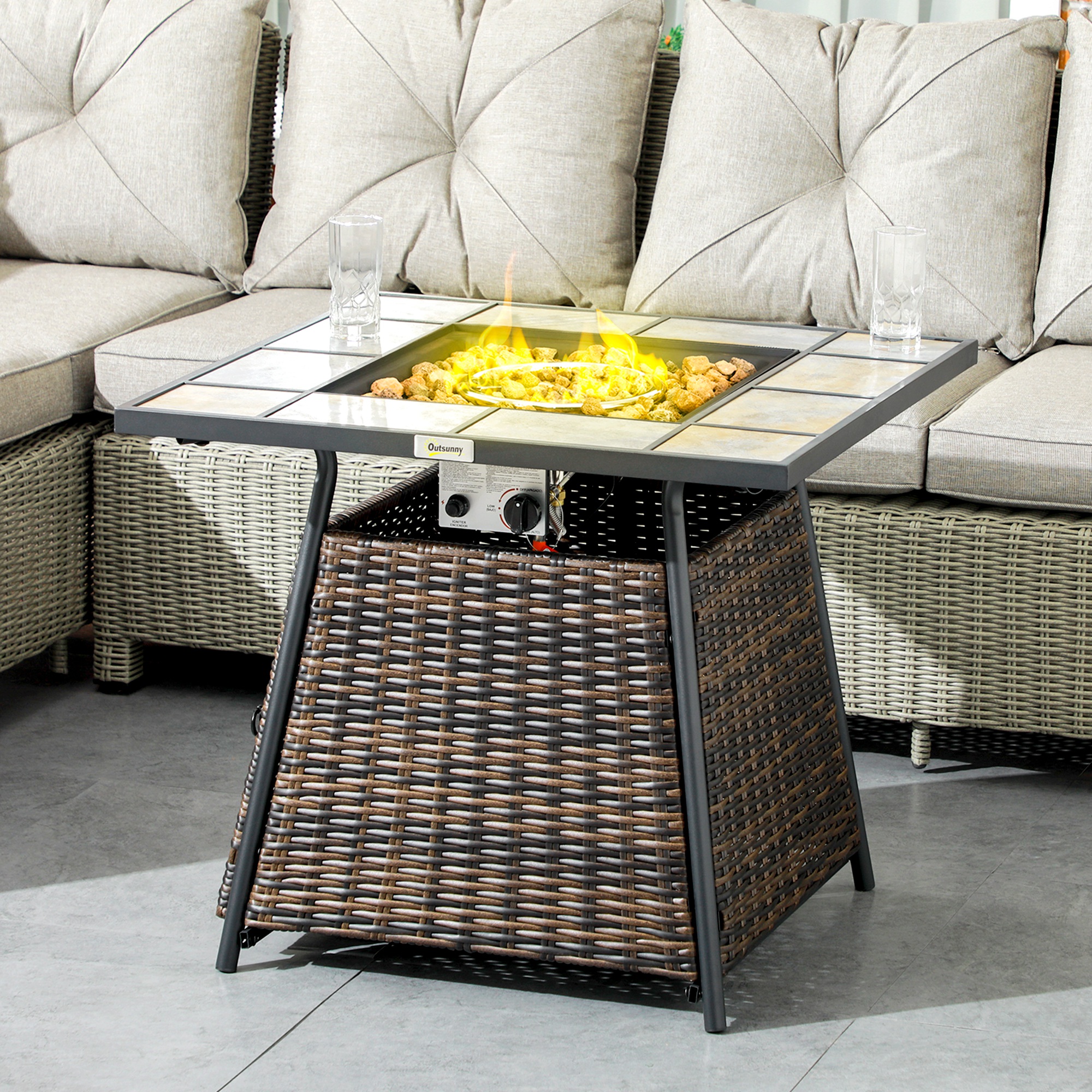 Outsunny Square Outdoor PE Rattan Fire Pit Table Gas Burner Heater w/ Control Panel, Slate Top, Lid and Lava Rocks, 50,000 BTU 2