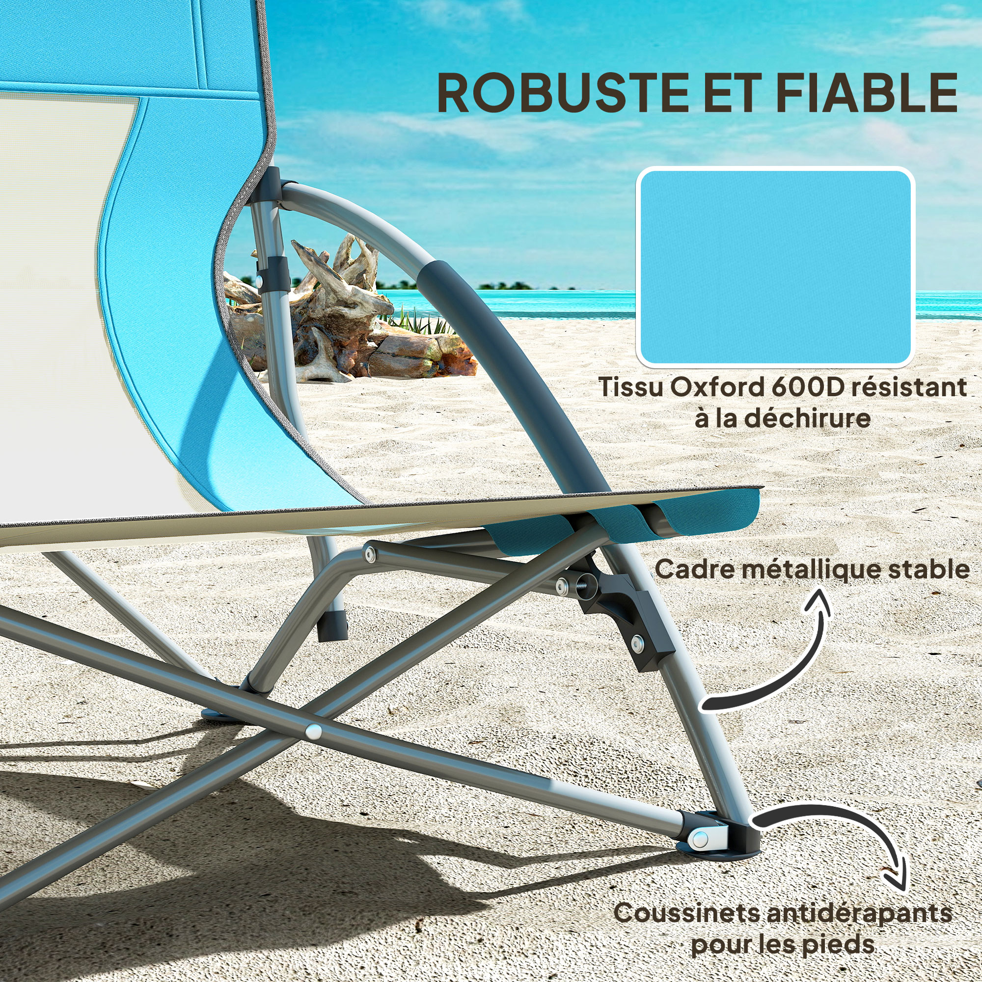 Chaise De Plage Pliante Marinera Solenny – Dossier Haut Bleu Et Blanc 58x90 Cm