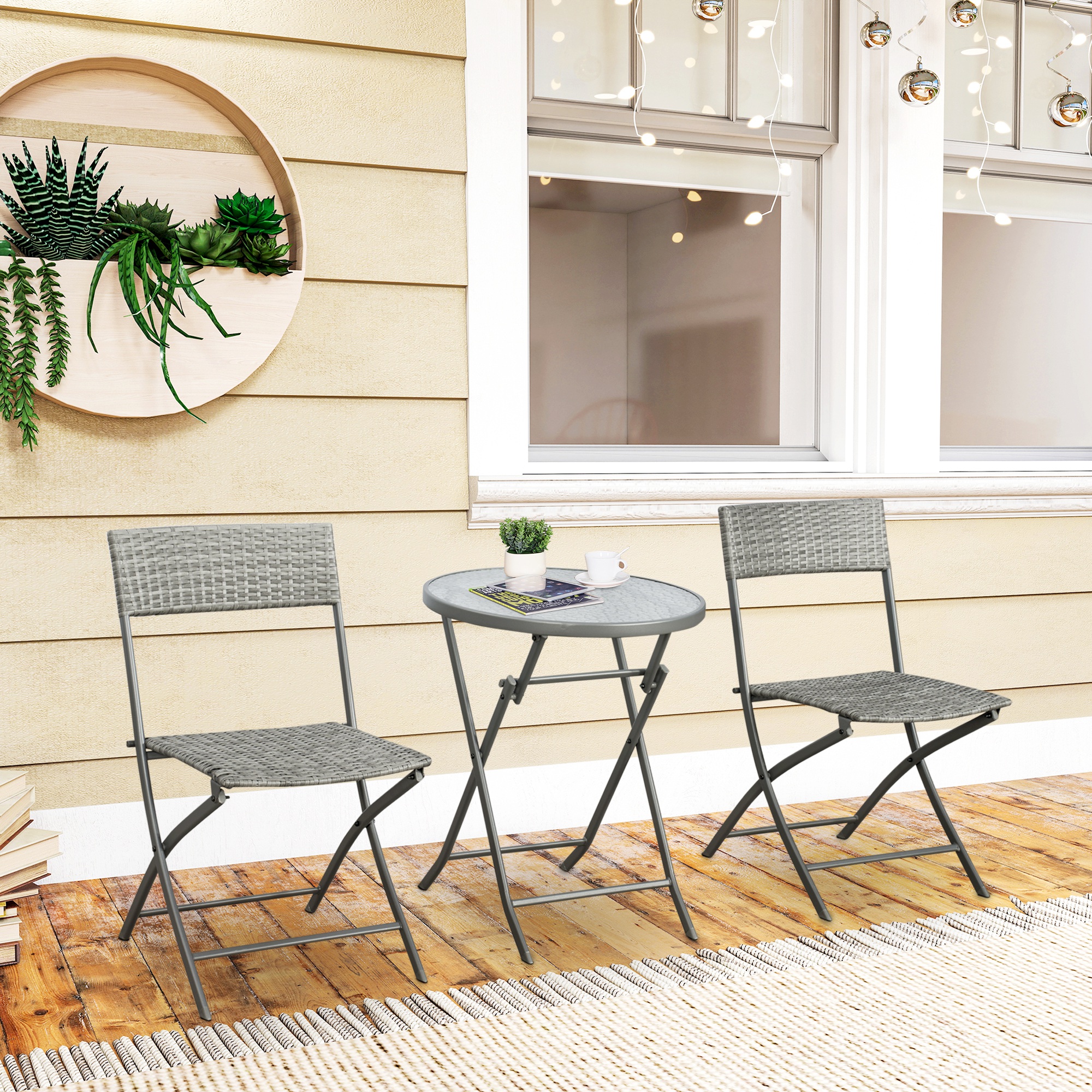 Outsunny 3 Pieces Rattan Bistro Set, Wicker Folding Garden Furniture Set with Glass Top Coffee Table and Chairs for Outdoor, Patio, Balcony, Grey 2