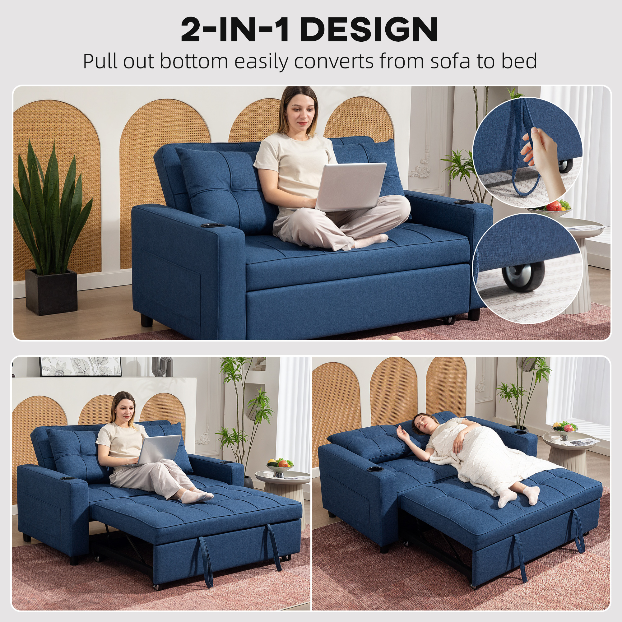HOMCOM Two-Seater Pull-Out Sofa Bed Dark Blue 4