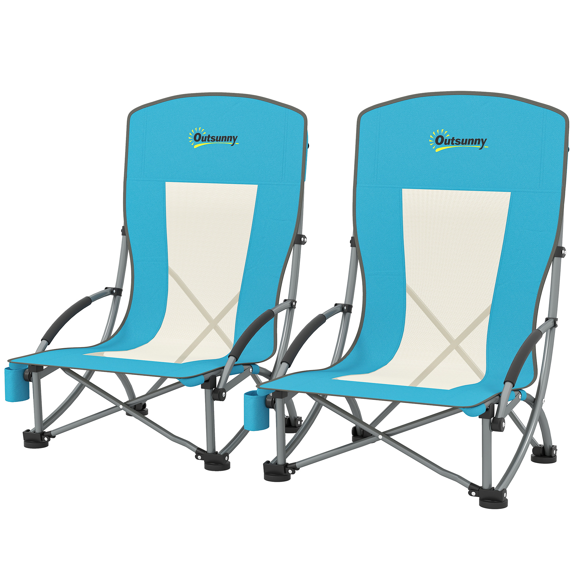 Lot 2 Chaises Pliantes Outsunny – Légères 2,7 Kg, Dossier Mesh, Accoudoirs Mousse, Porte-gobelet, Sac Inclus – Pour Plage, Camping, Festival