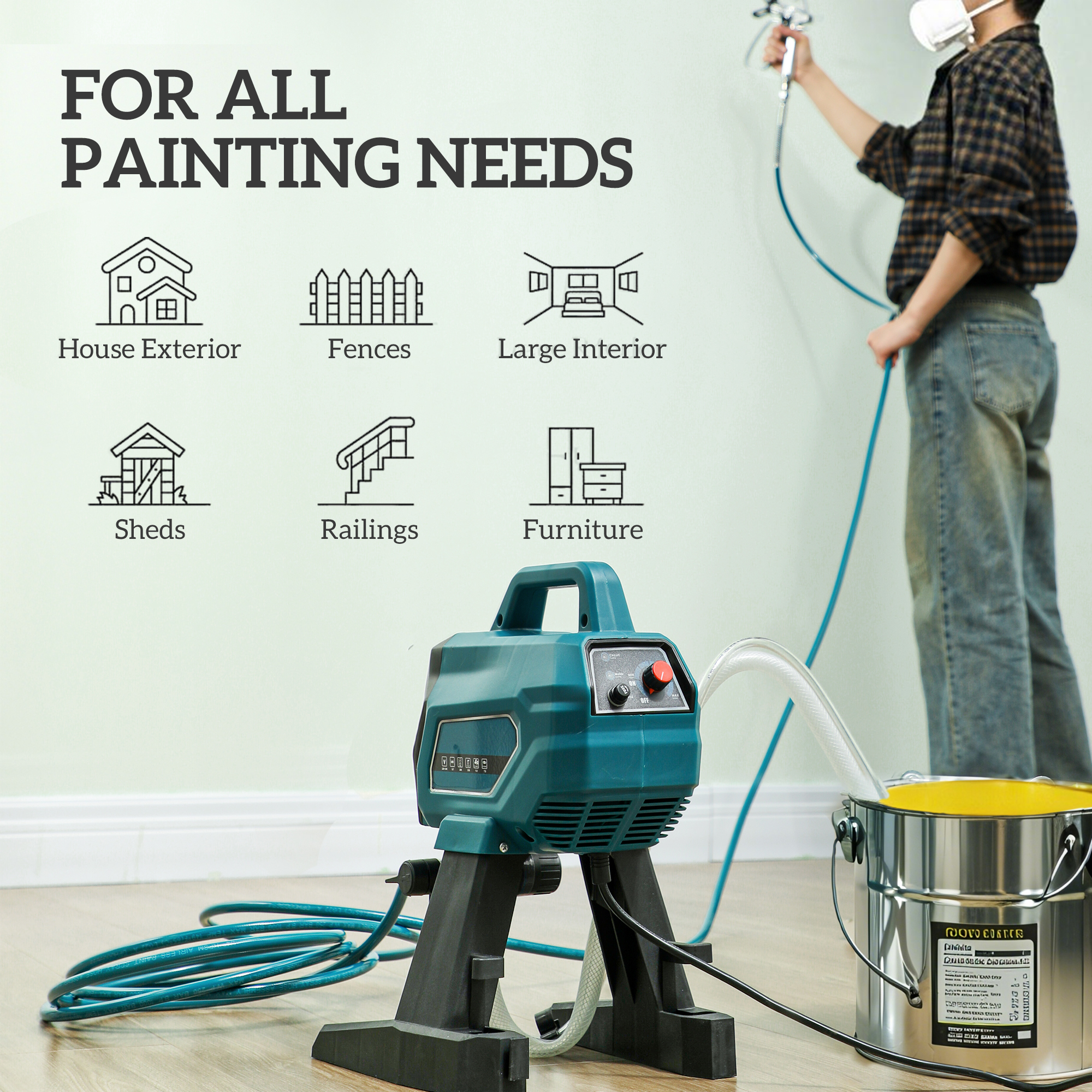 HOMCOM Airless Paint Sprayer, Thinning-Free, Electric﻿ Fence Paint Sprayer for Exterior and Interior DIY Painting Projects, Wall Spray Gun Machine, Household Use, 1.5L/min, 200 Bar, 7.5 m Hose Blue 4