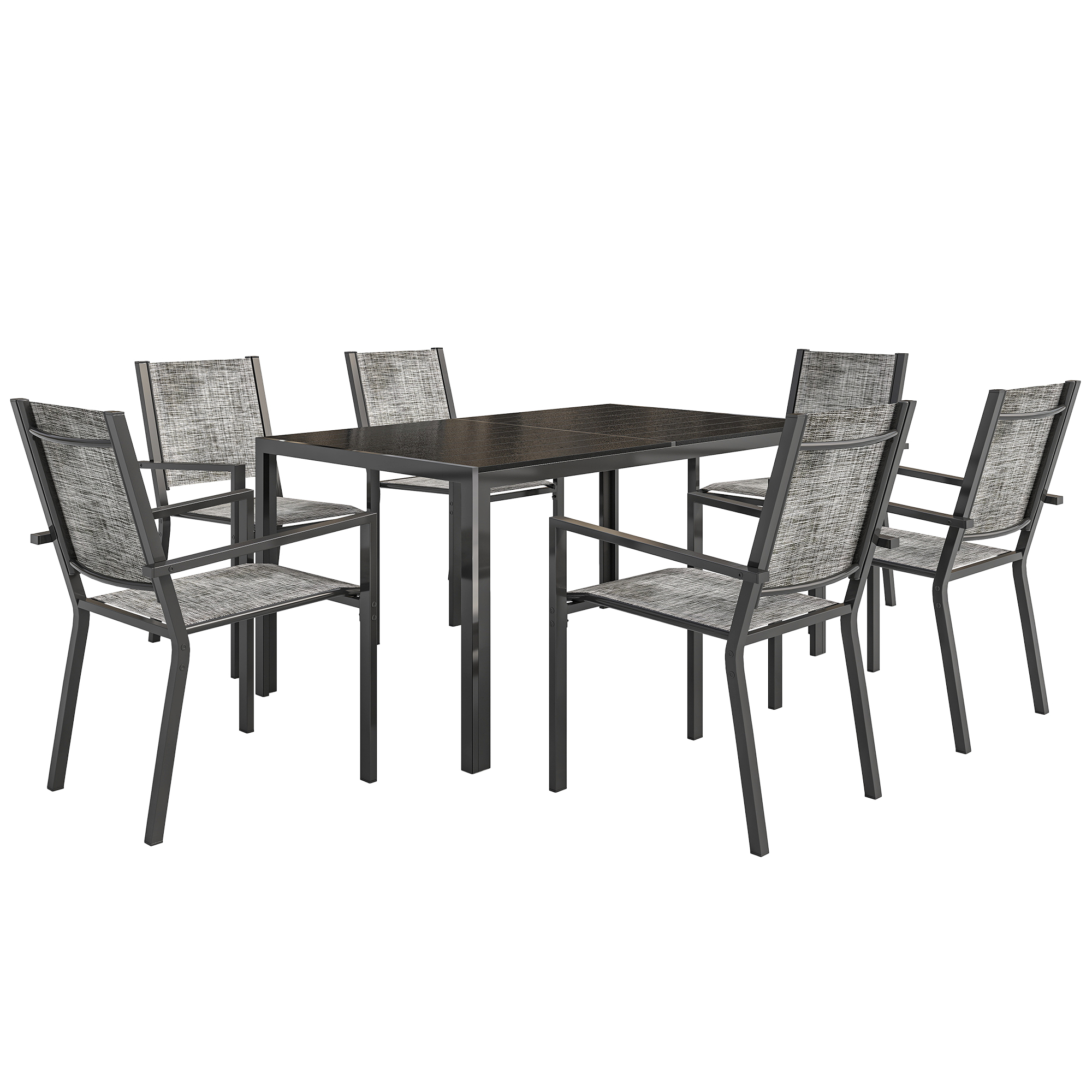 Outsunny Table de jardin extérieure avec 6 chaises empilables, plateau à lattes 150 cm, structure en acier anti-rouille, noir