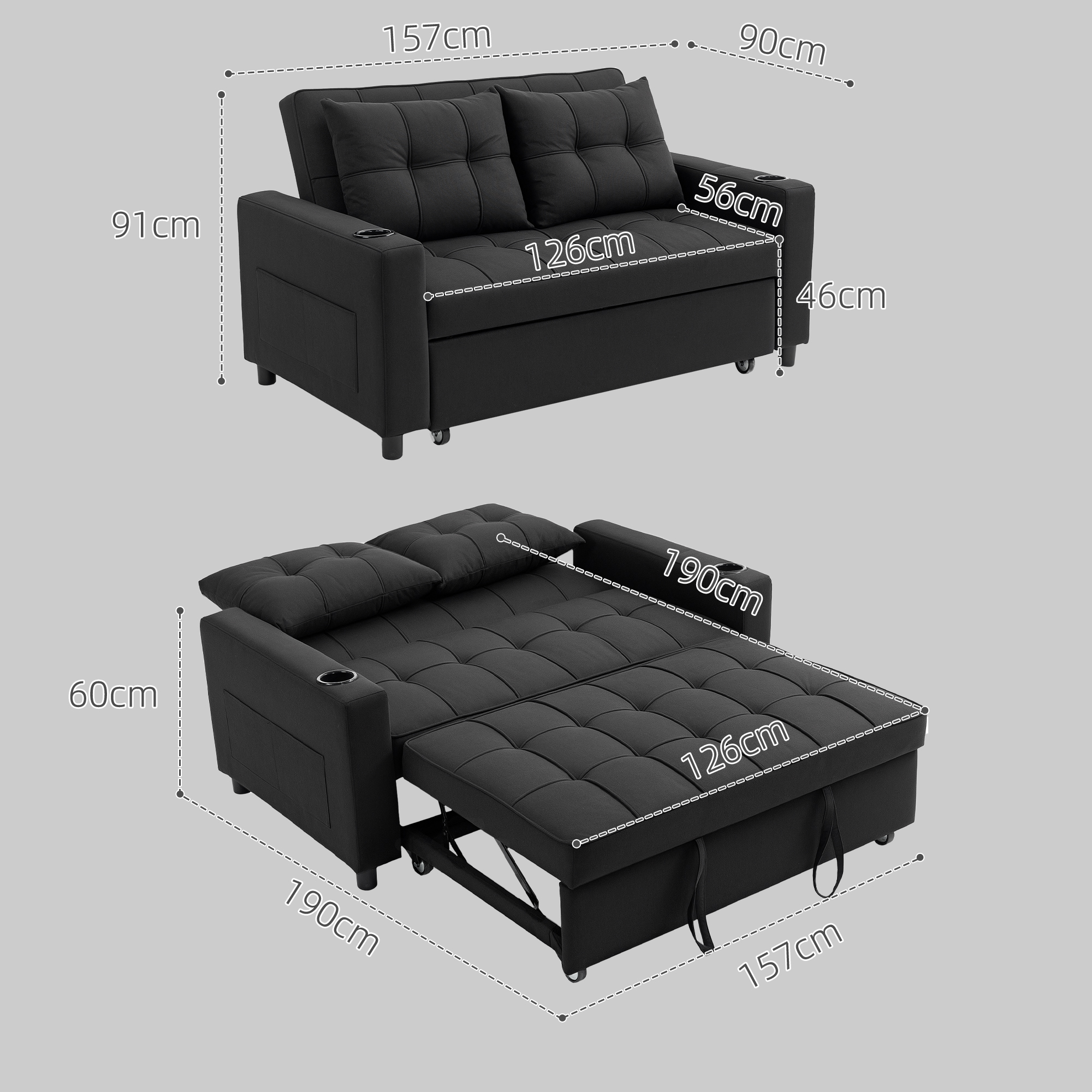 HOMCOM Two-Seater Pull-Out Sofa Bed Black 3