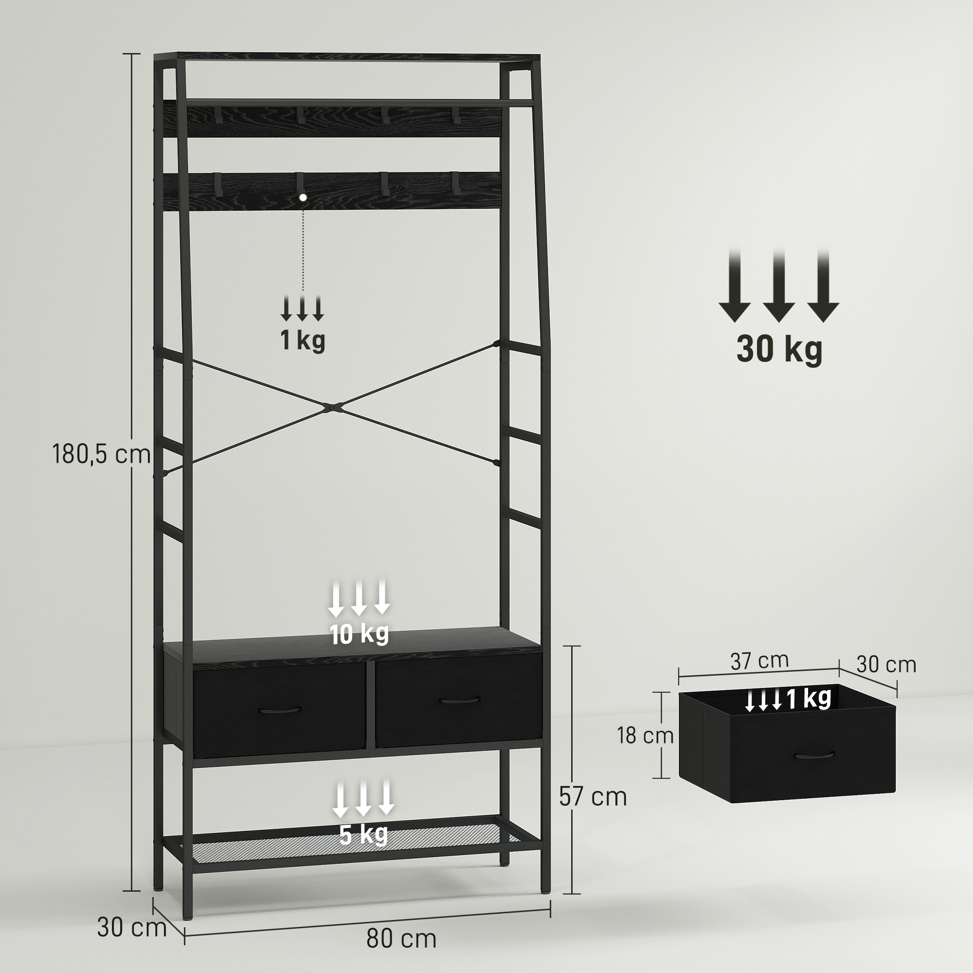 HOMCOM Staand Kledingrek Schoenenbank Met 8 Haken, 2 Schappen MDF Zwart 72 X 34 185 Cm 663094089
