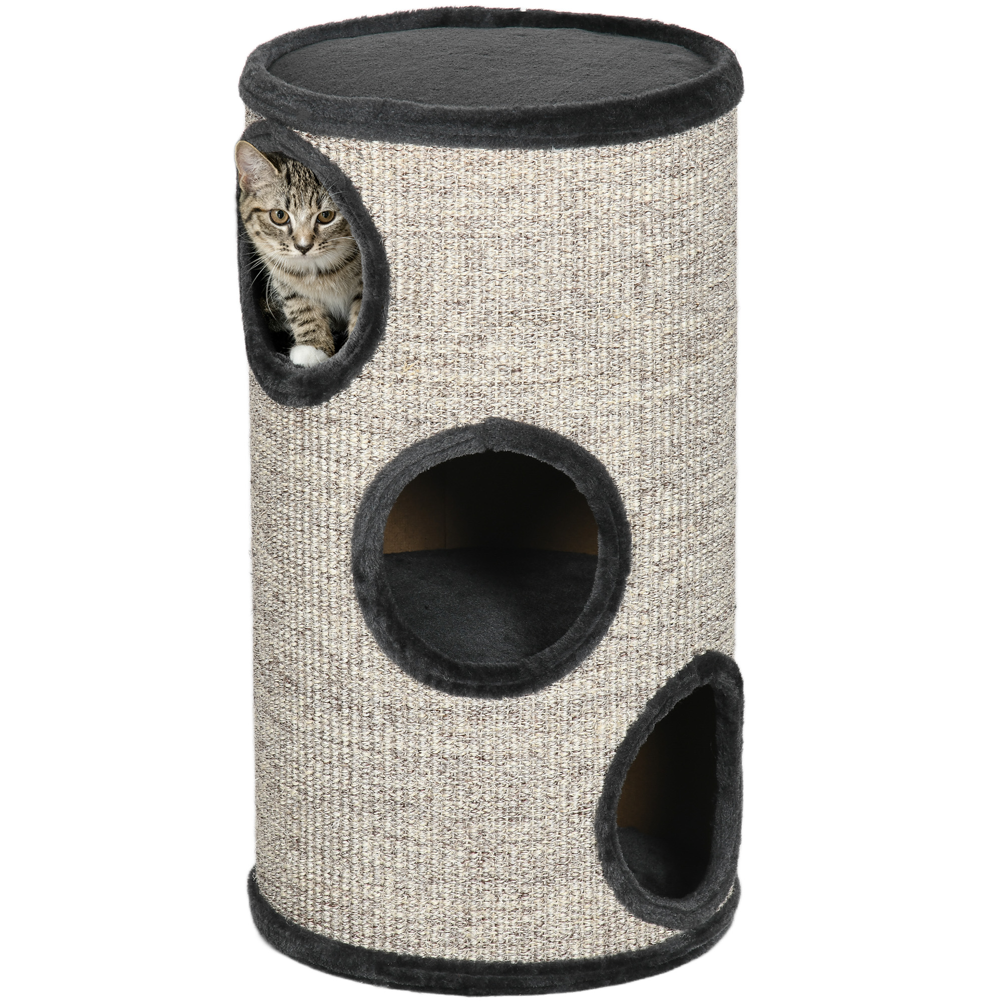 PawHut Kratztonne Plüschdesign 3 Ebenen mit 3 Höhlen und Sisalseil Kratzfläche 38 x 38 x 70 cm Grau für Katzen Aosom.de