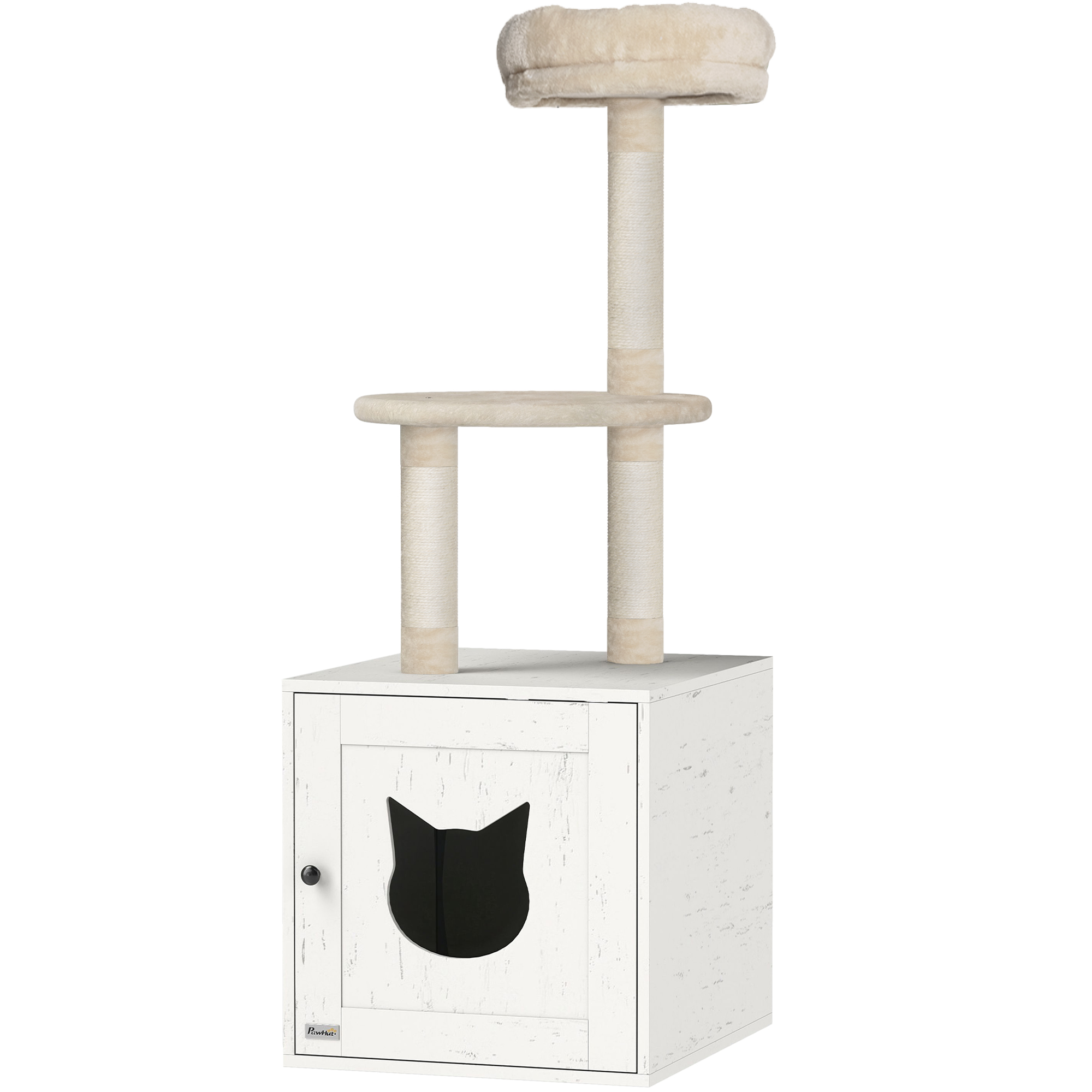 Meilleurs prix pour PawHut Arbre à chat avec maison de toilettes, tour de jeu 2-en-1 de 129 cm avec cache-litière, poteaux à griffer, crème