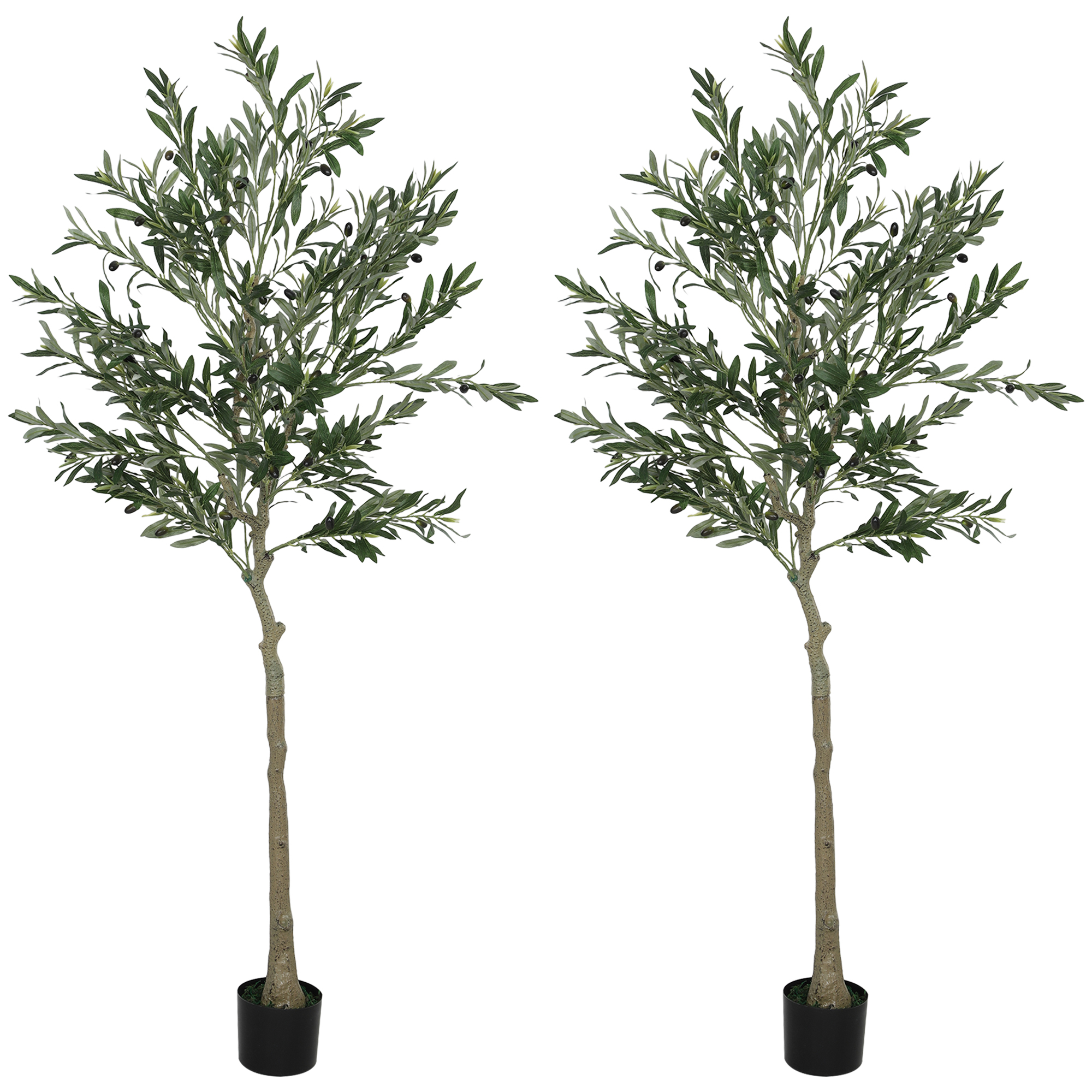 HOMCOM Set of 2 6ft/ 180cm Decorative Artificial Plant, Silk Olive Tree with 900 Leaves and 40 Olive Fruits in Pot, Fake Plant for Home, Office, Living Room, Indoor Decor