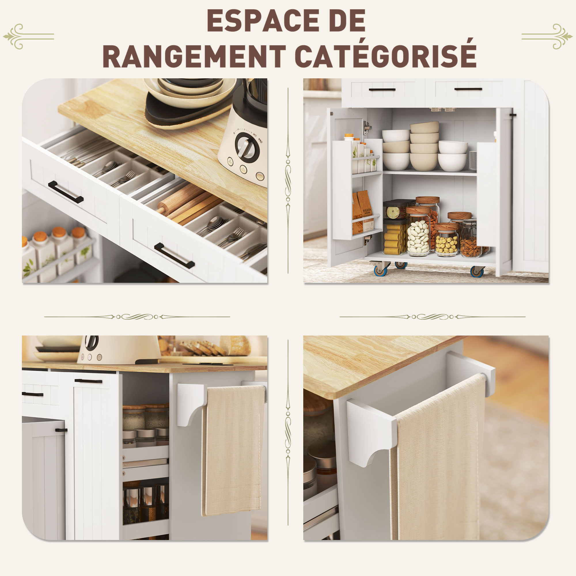 Îlot de cuisine sur roulettes avec table pliable, desserte de cuisine 120x40(65)x92cm avec prises secteur et USB, rangement et étagère réglable, Blanc Îlot de cuisine sur roulettes avec table pliable, desserte de cuisine 120x40(65)x92cm avec prises secteur et USB, rangement et étagère réglable, Blanc