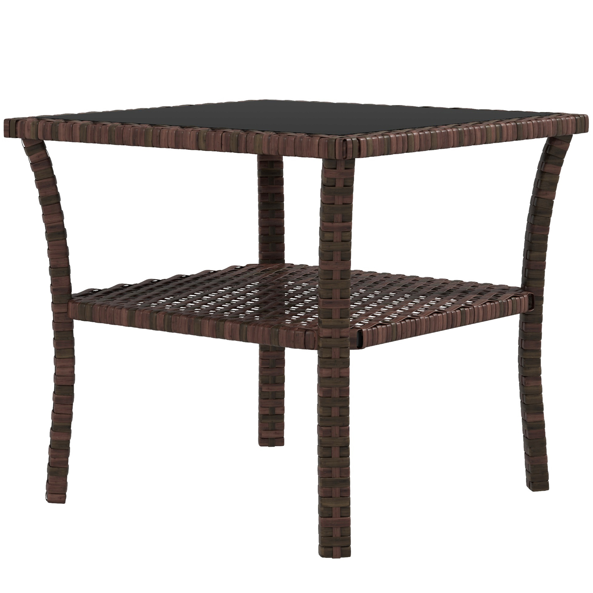 Outsunny Table d'appoint en résine tressée 2 niveaux 50x50x45cm, table basse de jardin carrée plateau en verre trempé, marron