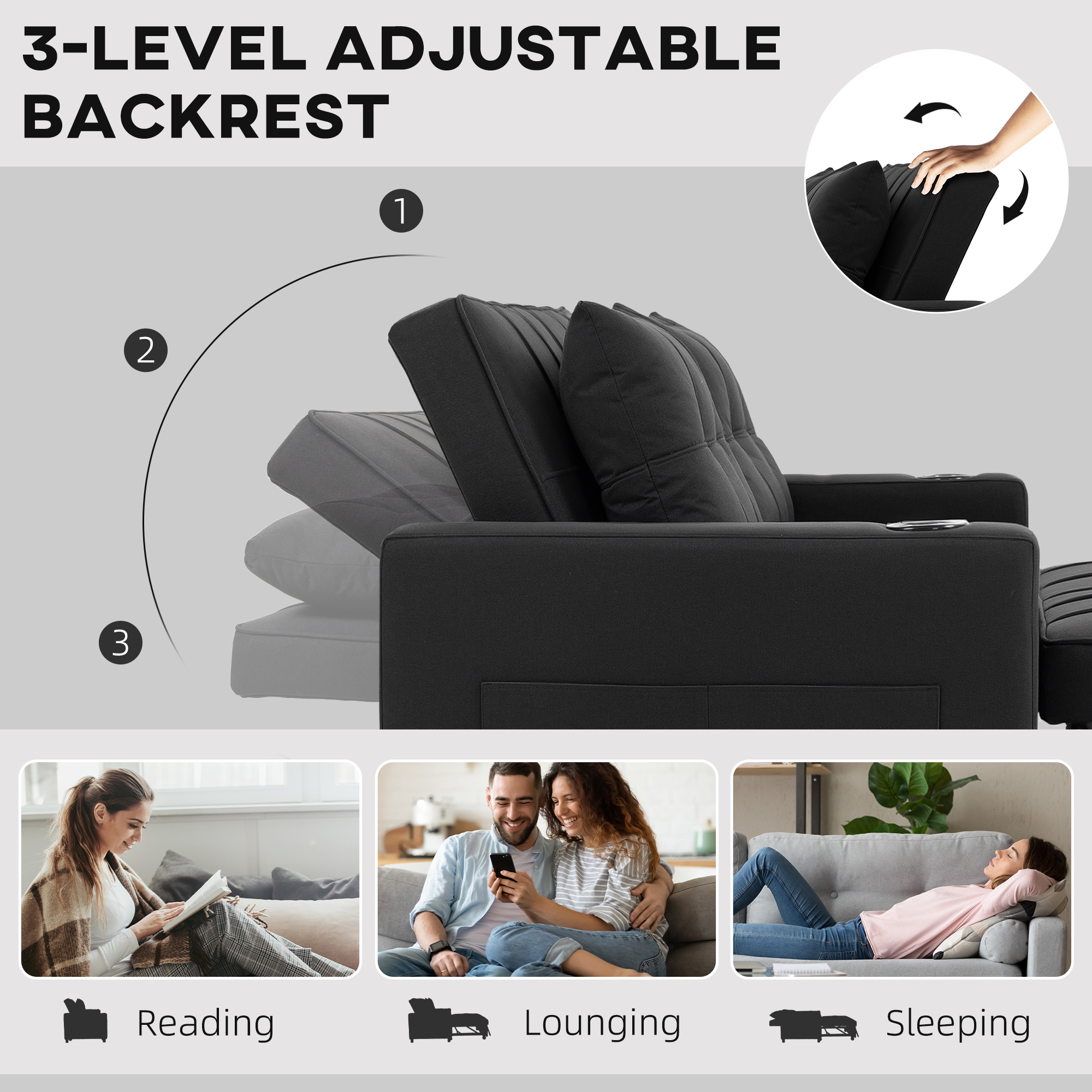 HOMCOM Two-Seater Pull-Out Sofa Bed Black 5