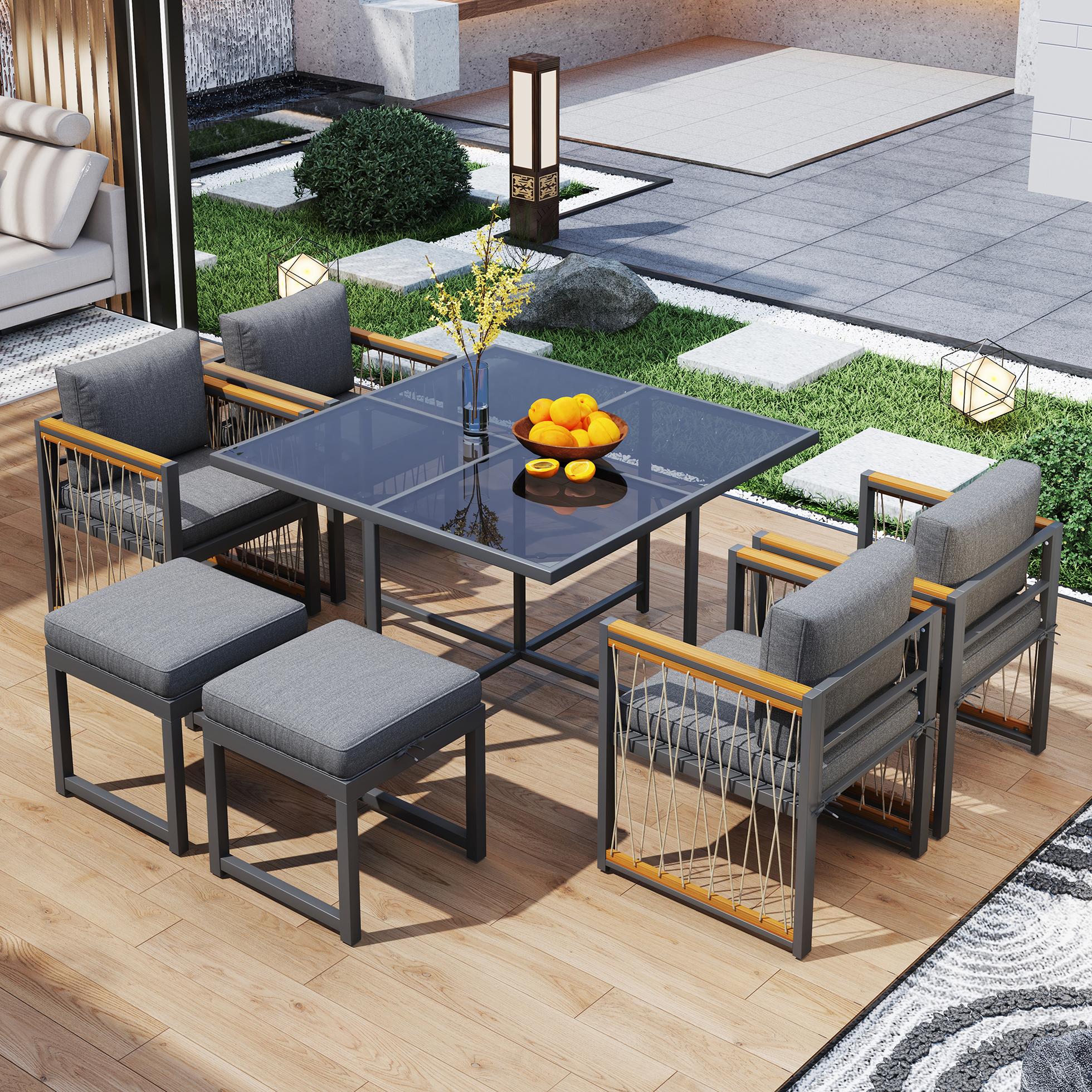 7-delige tuin-eettafelset met gehard glas tafelblad voor 6 personen, zwart | Aosom Netherlands
