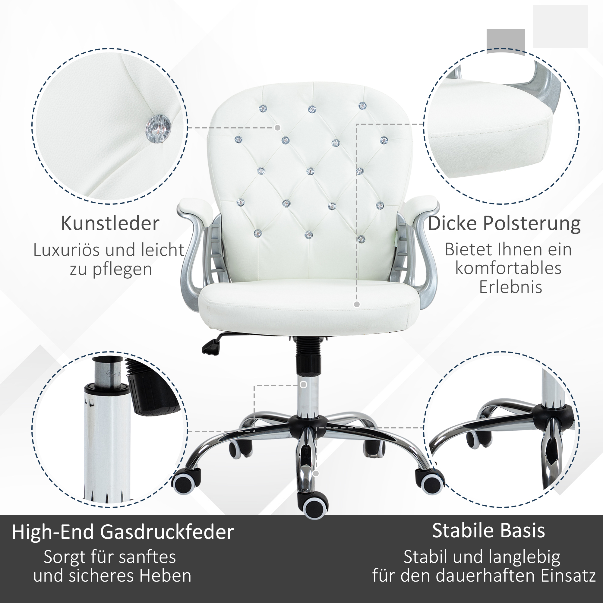 Kontoritool, ergonoomiline lauatool käetugedega, polsterdatud seljatugi, valge