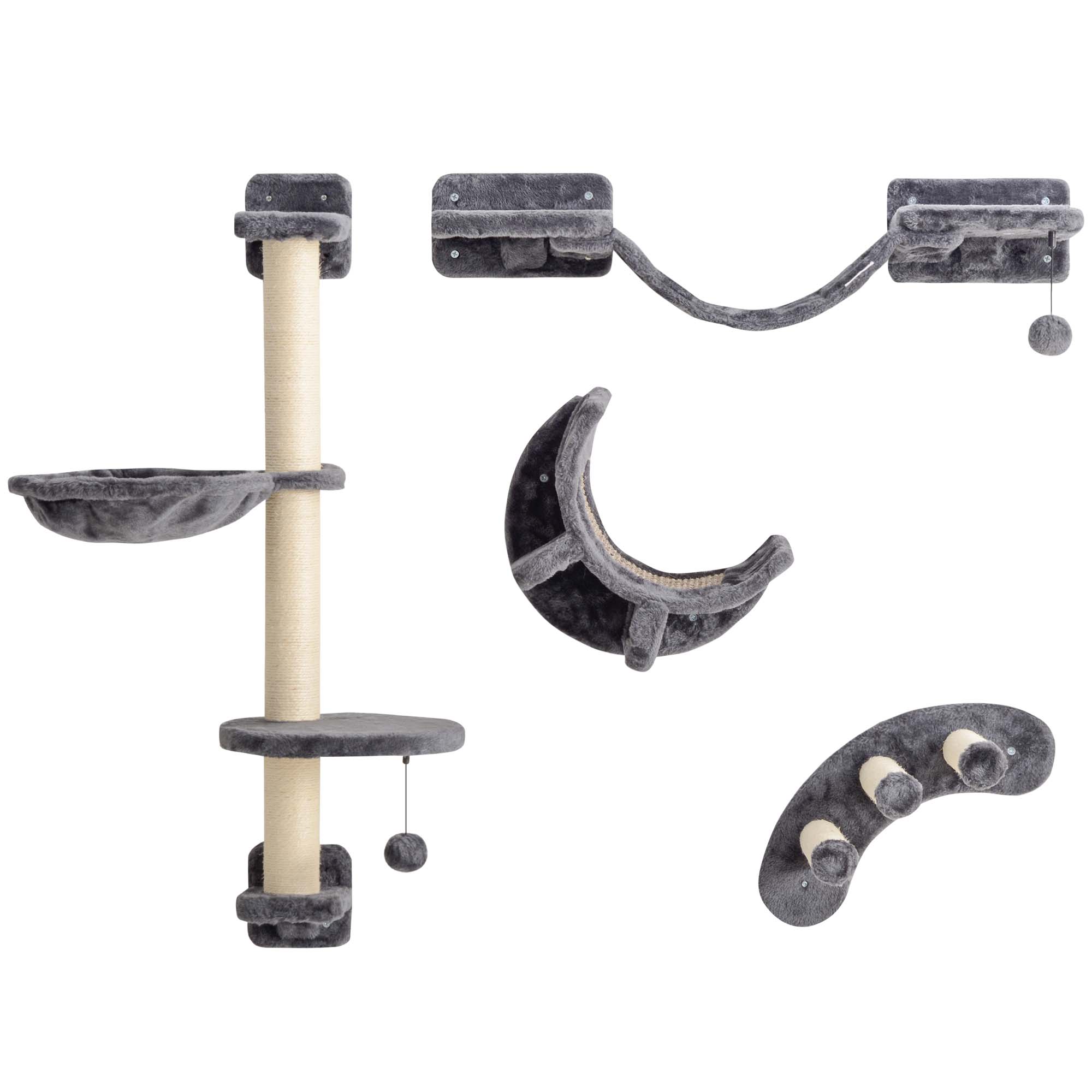 PawHut Three-Piece Wall-Mounted Cat Shelves, with Hammock, Ladder, Platforms, Scratching Post - Grey