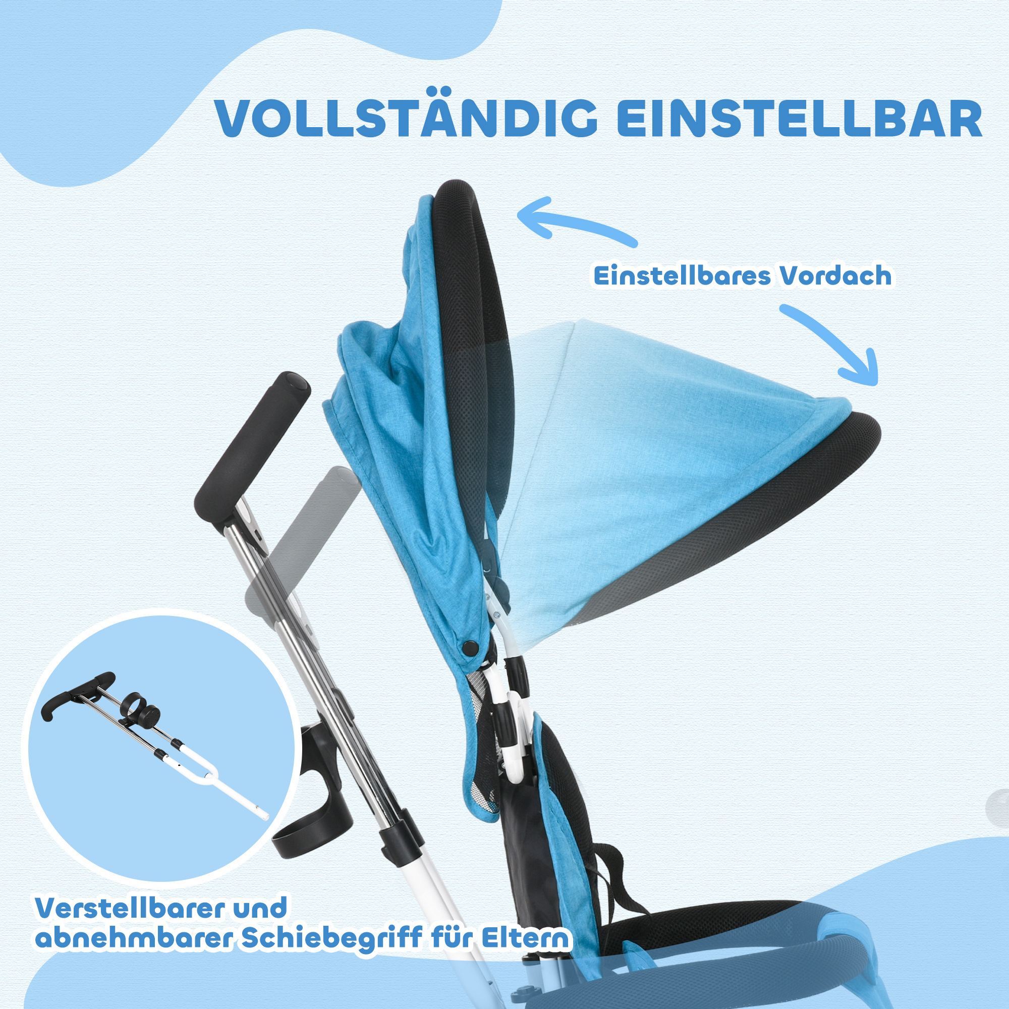 6-ühes laste kolmerattaline ratas lükkekangi, varikatuse, rakmete ja hoiukorviga, 1-5 aastat, sinine