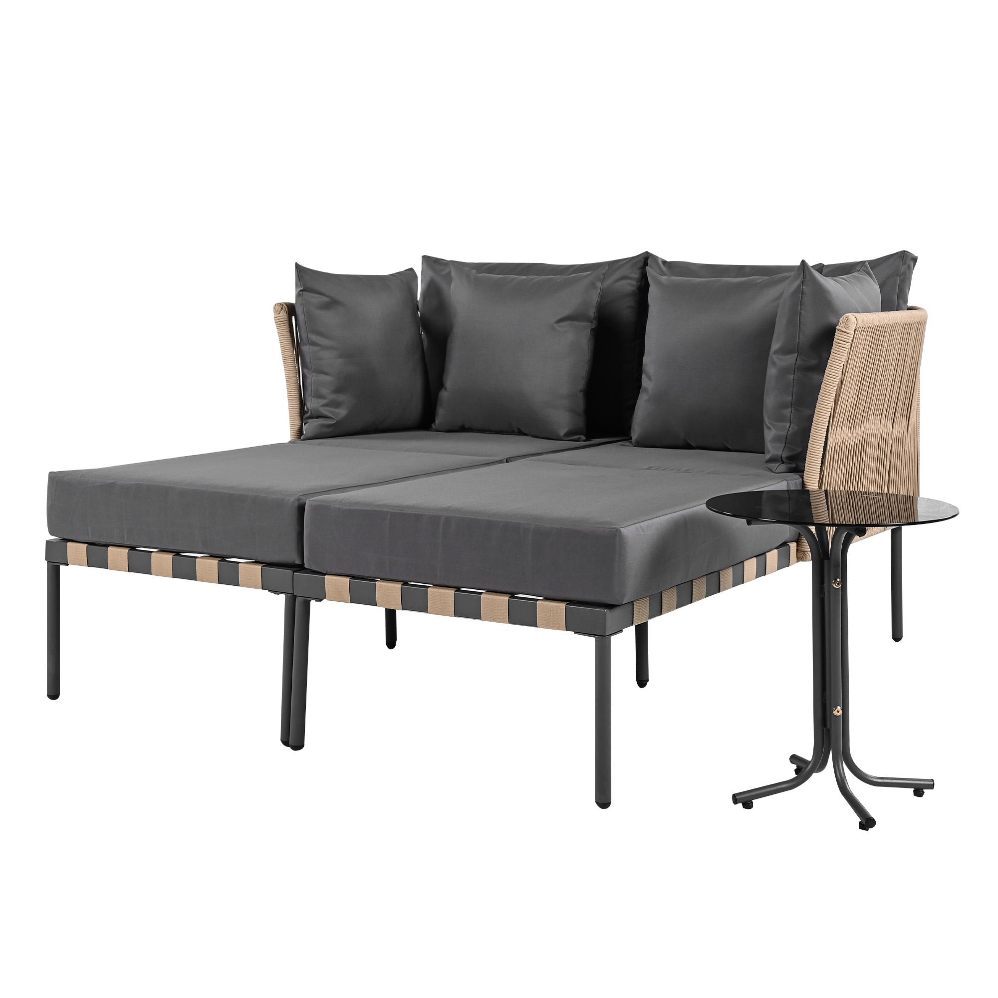 Divano da giardino, Poltrona da giardino modulare e rimovibile, Tavolino da caffè in vetro temperato, Grigio+Marrone