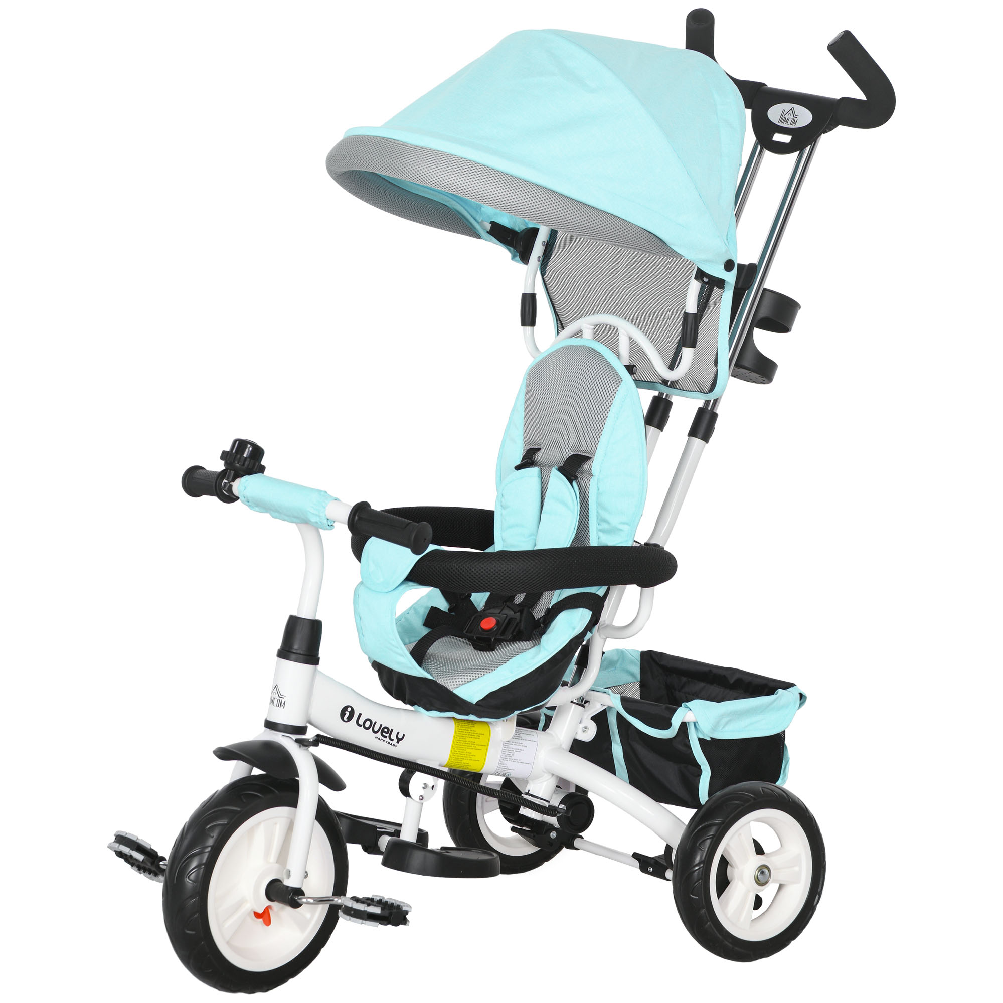 HOMCOM 6-in-1 Dreirad mit Schubstange, Kinderdreirad mit abnehmbarem Sonnendach, Laufrad mit 5-Punkt-Sicherheitsgurt, Korb, Getränkehalter, für 1-5 Jahre Kinder, Grün   Aosom – HOMCOM