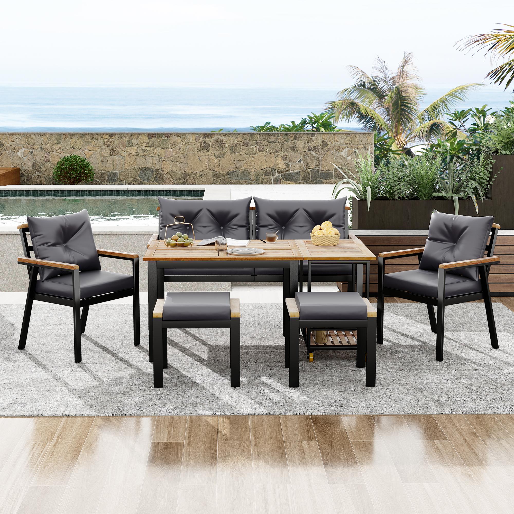 Outdoor Esstisch- und Stuhlset, mit 2 Stühle, 2 Hocker, 1 Sofa für zwei Per günstig online kaufen