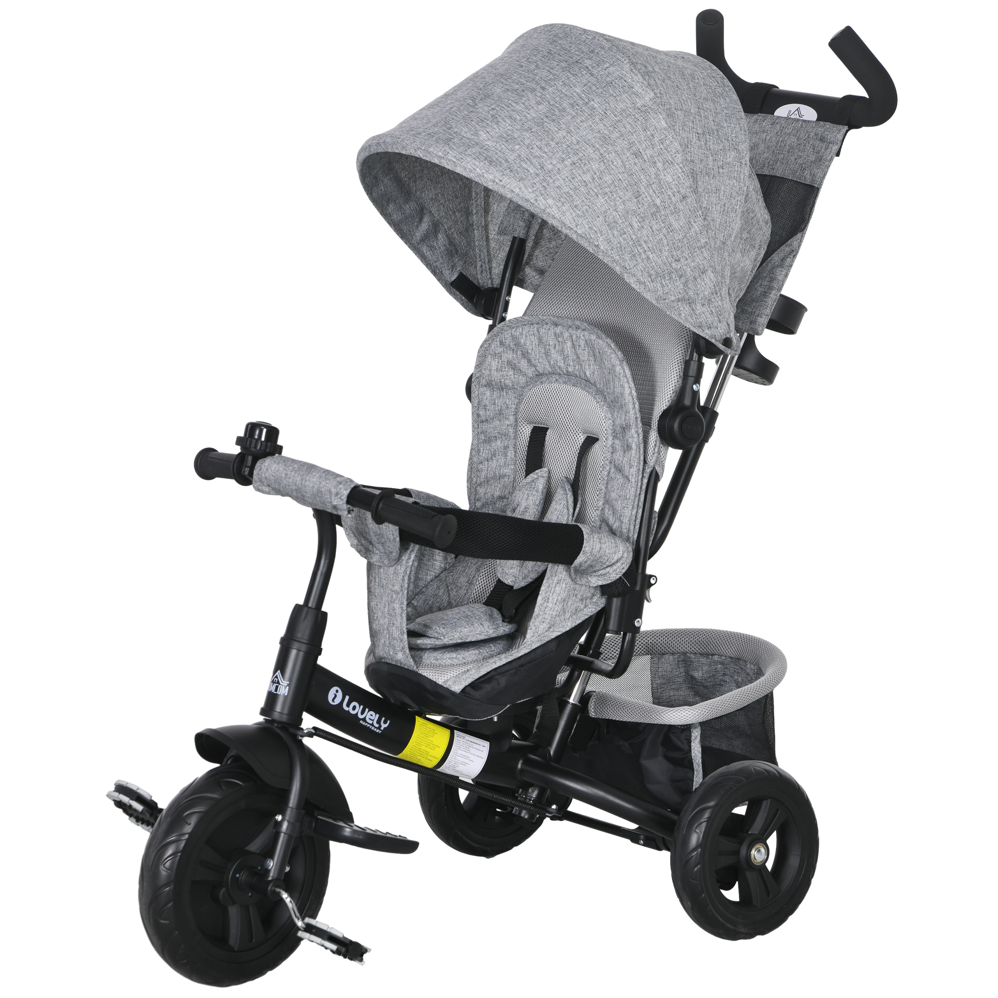 HOMCOM 6-in-1 Dreirad mit Schubstange, Kinderdreirad mit abnehmbarem Sonnendach, Kissen, Laufrad mit 5-Punkt-Sicherheitsgurt, Korb, Becherhalter, für 1-5 Jahre Kinder, Grau   Aosom – HOMCOM