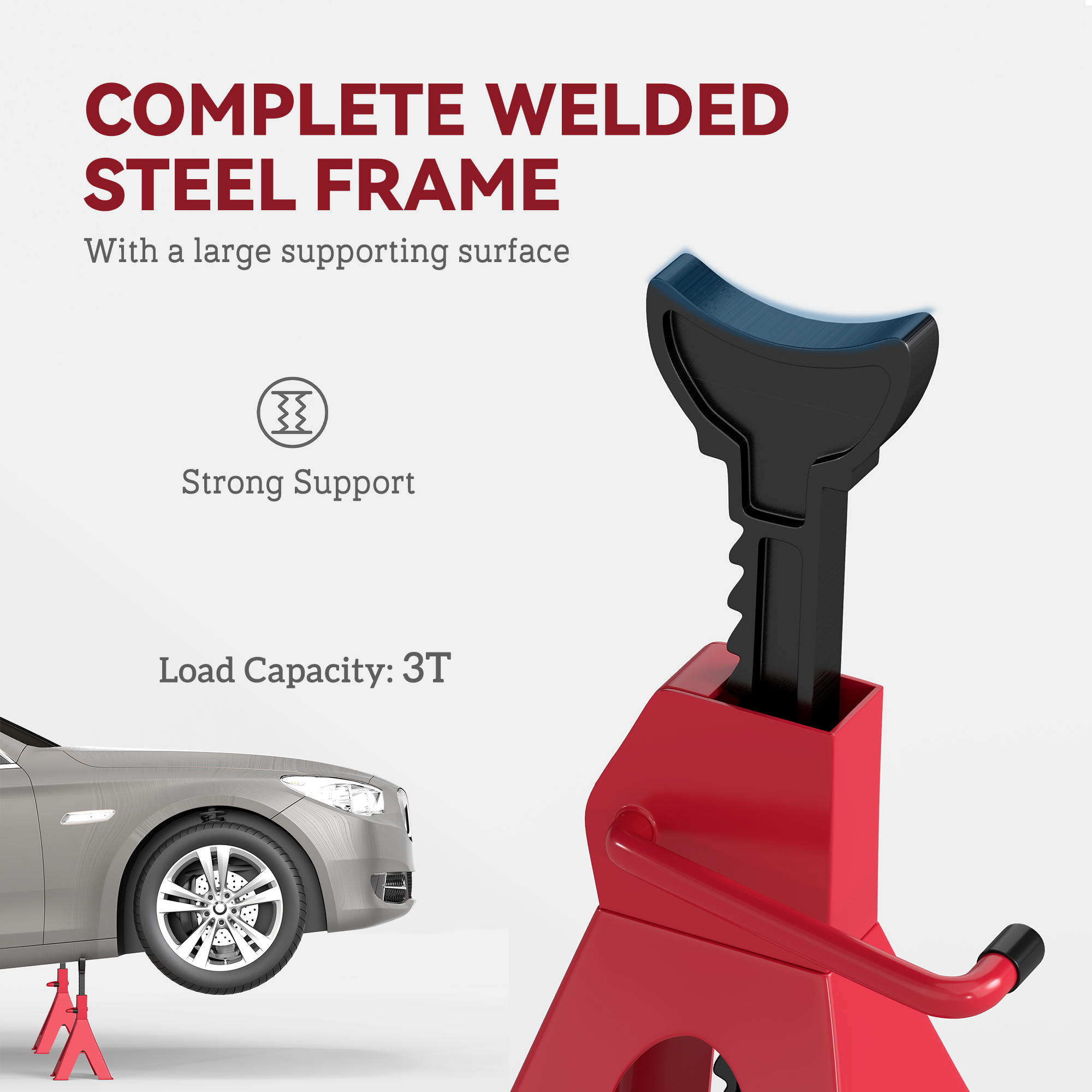 HOMCOM Axle Stands 3 Ton Car Jack Stands Pack of 2, 38.5-60 cm Height Adjustable Support Jack Stand, Heavy Duty Car Lift Tool for Vehicles, Caravans, Workshops, Garages, Red 6