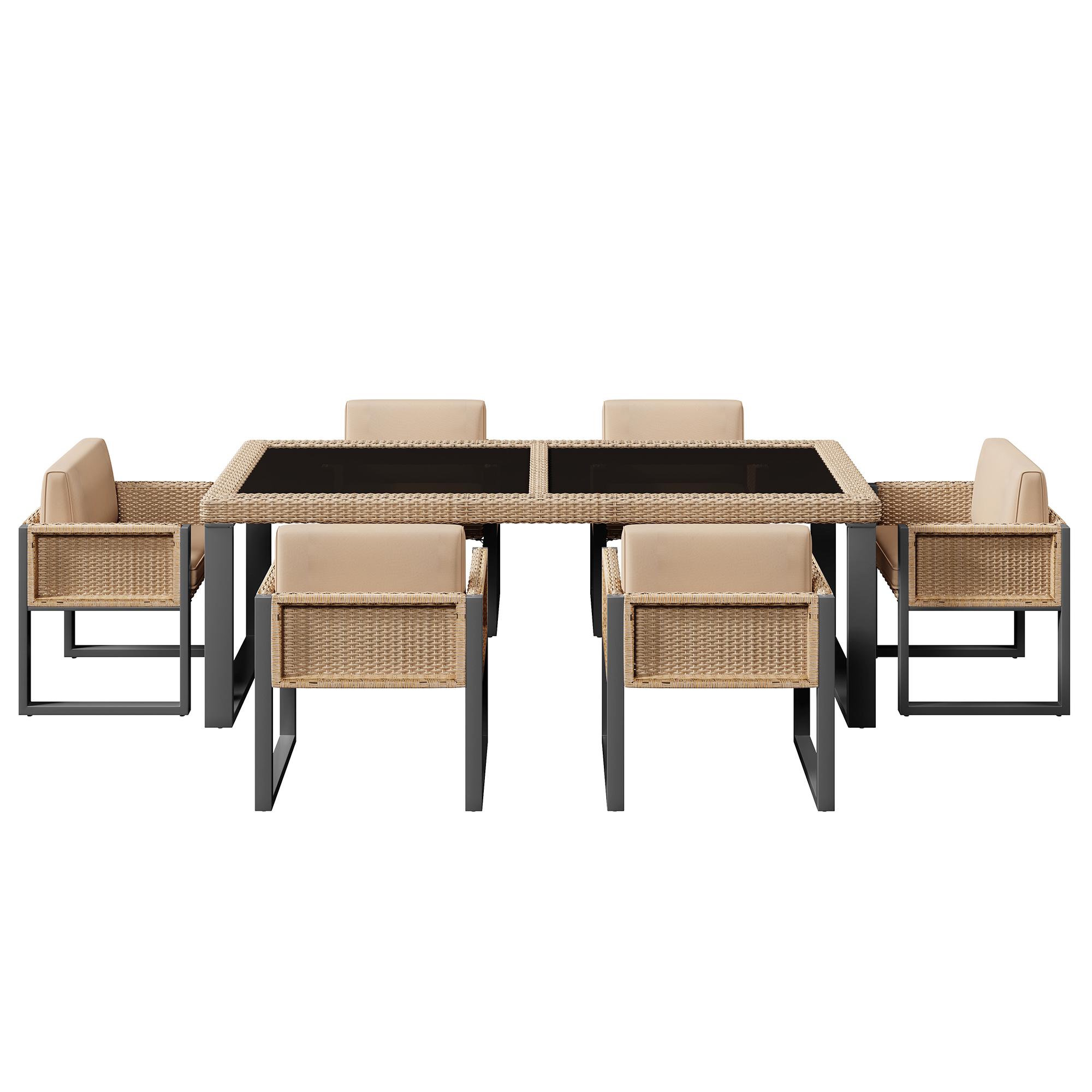 Rattan Tisch- und Stuhlset，mit 1 Tisch und 6 Stühle, Tischplatte aus Gehär günstig online kaufen