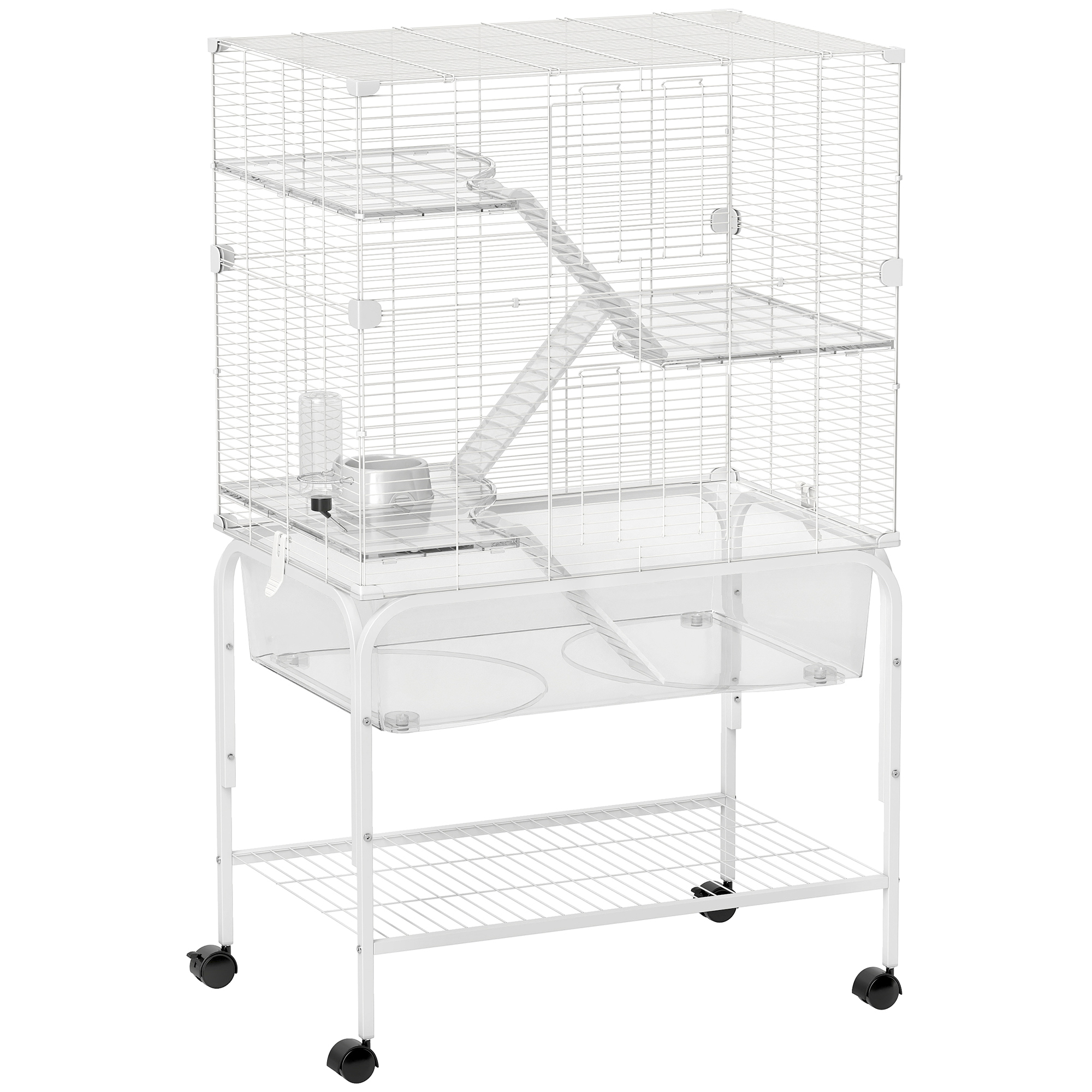 PawHut Gaiola para Pequenos Animais de 4 Níveis com Bandeja Inferior Rodas Rampas Comedouro e Bebedouro 73x47x123 cm Branco