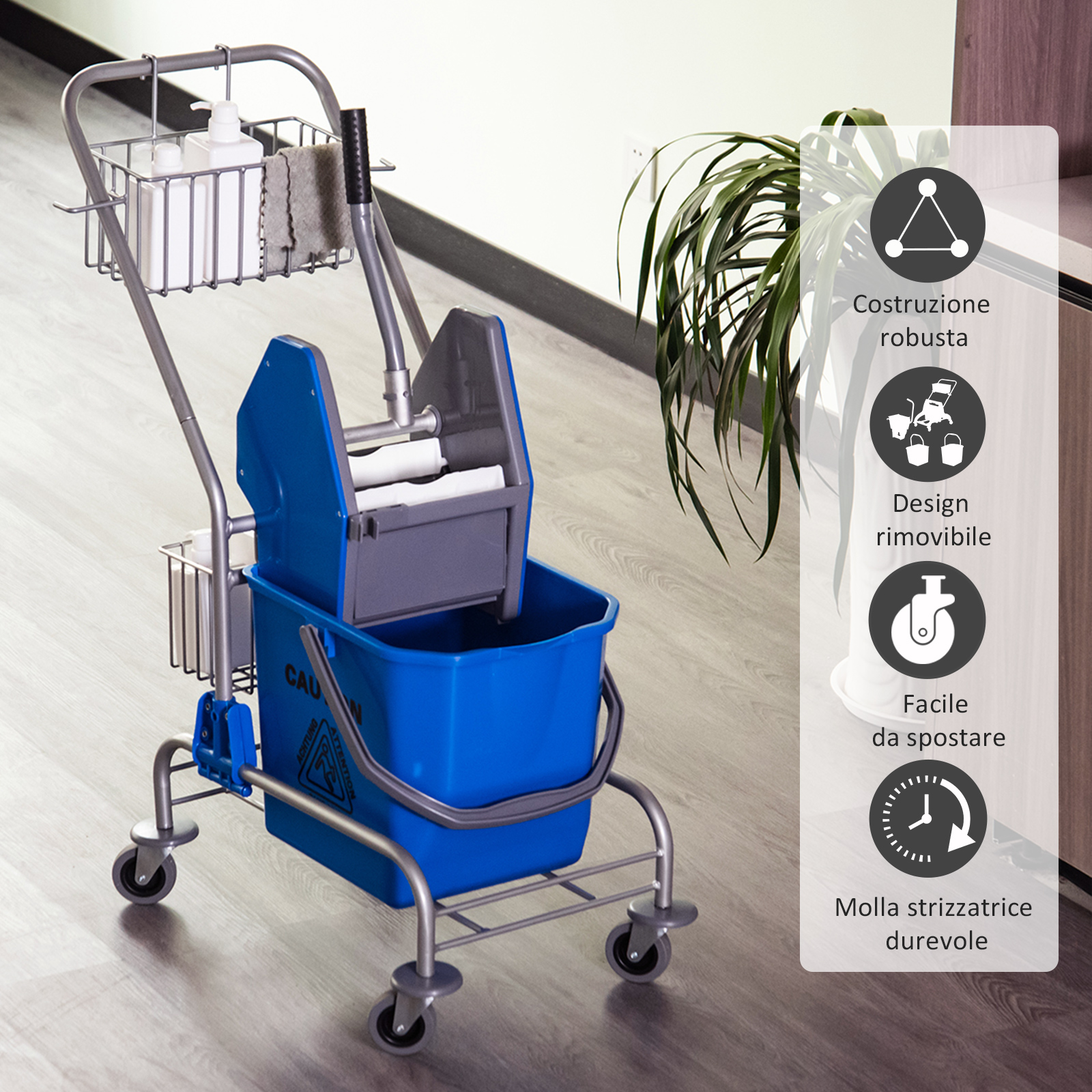 Carrello Per Pulizie HOMCOM Con Secchio 26L, Strizzatore, 2 Cestelli E Gancio Per Mocio – Ruote Girevoli, Giallo (Mocio Escluso)
