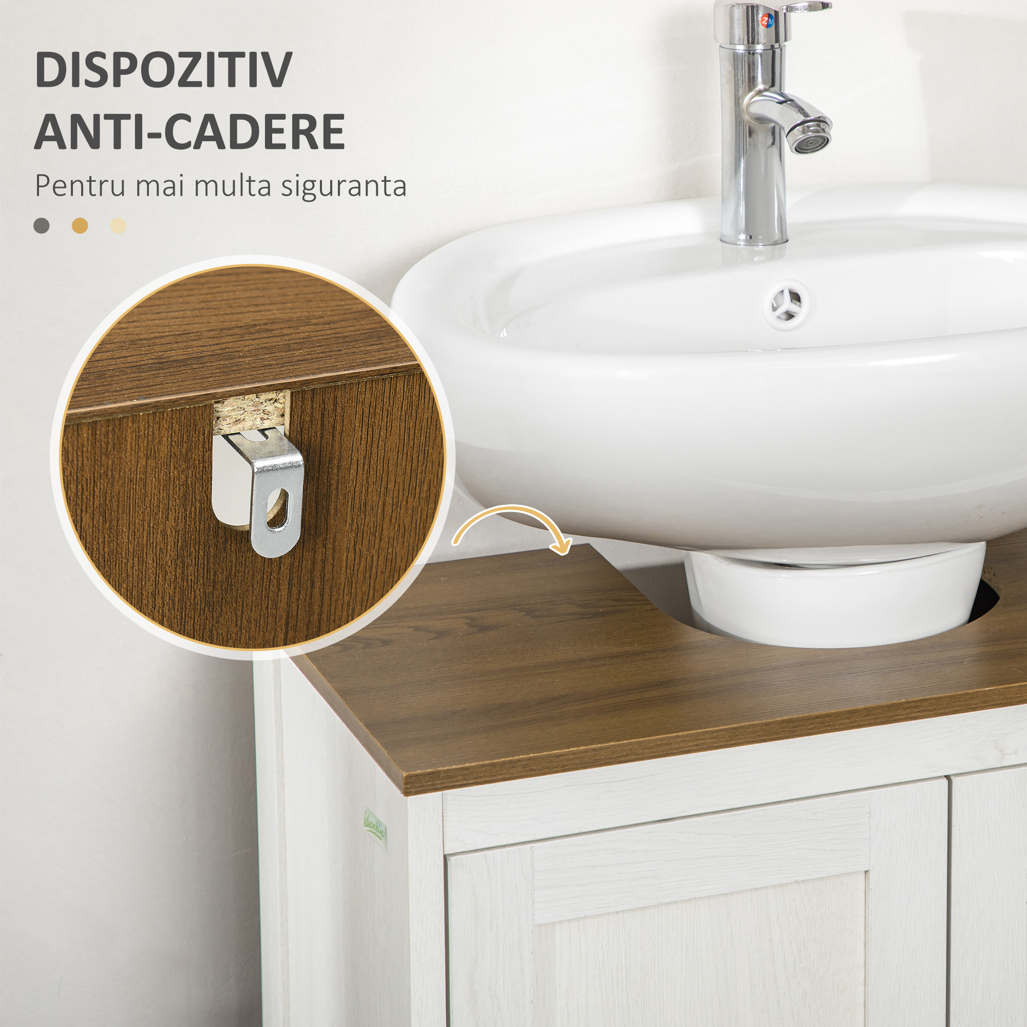  Dulap sub Chiuveta pentru Baie, din Lemn, cu Raft Interior Reglabil, 60x30x60 cm, Alb si Nuc [5]