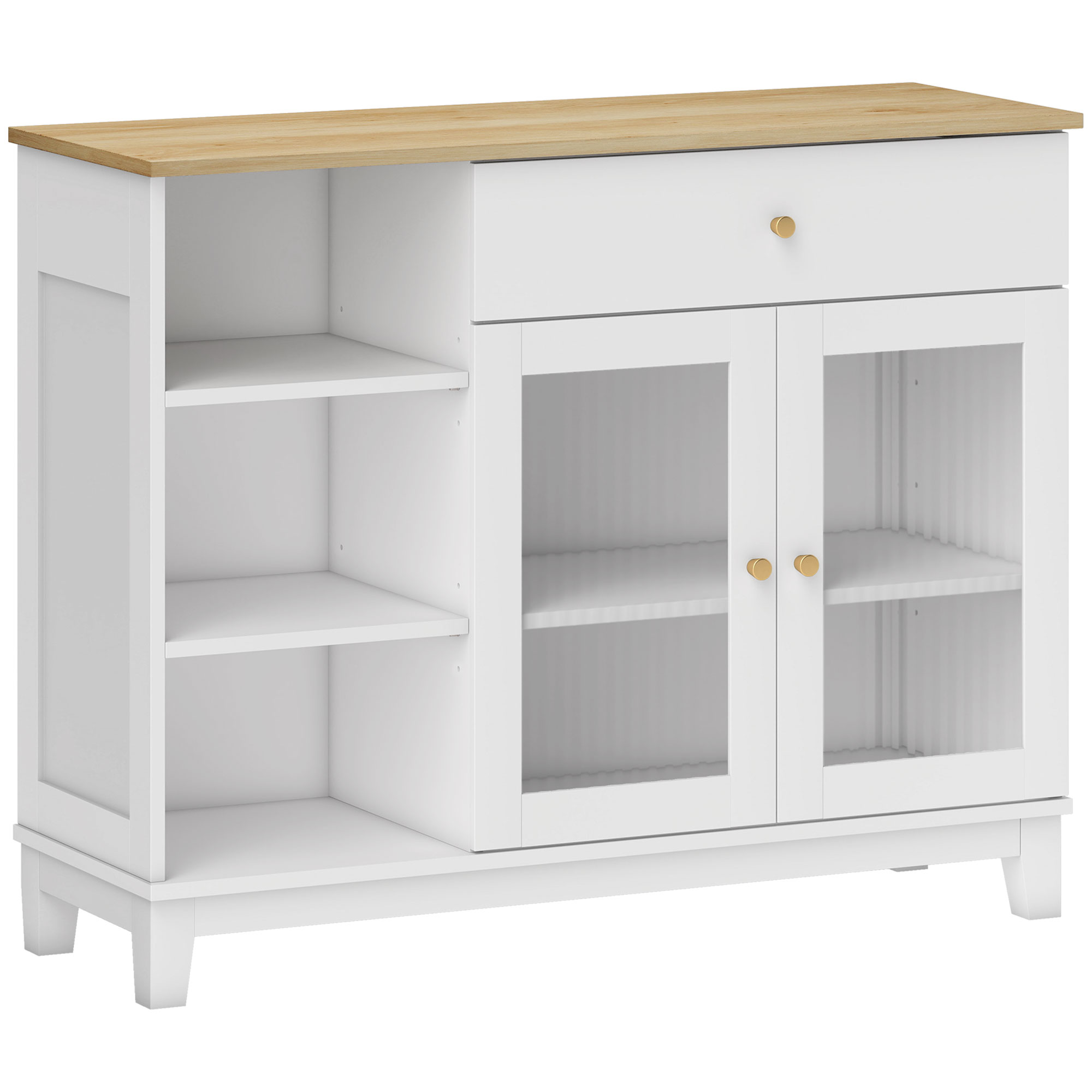 HOMCOM Aparador para Salón con 2 Puertas de Vidrio Cajón Compartimentos Abiertos y Estantes Ajustables 100x35x80,3 cm Blanco