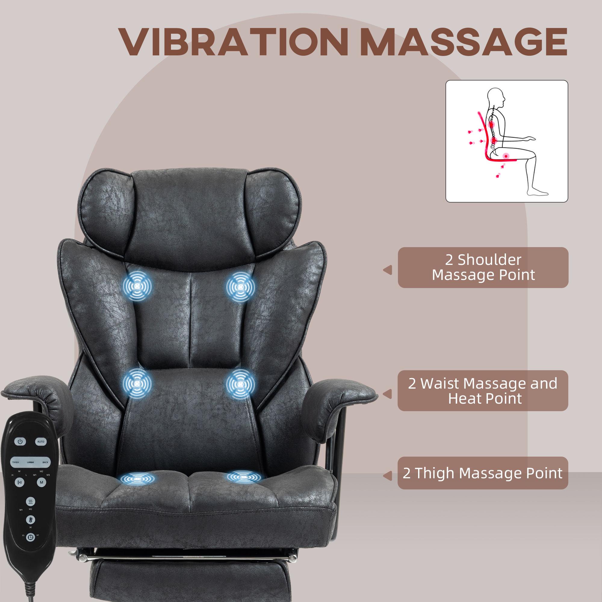 HOMCOM Office Chair with 6 Point Massage and Heat, Ergonomic Desk Chair with Foot Rest, Lumbar Support, Reclining Function and Wide Seat, Height-Adjustable High Back Swivel Rolling for Home, Black 4
